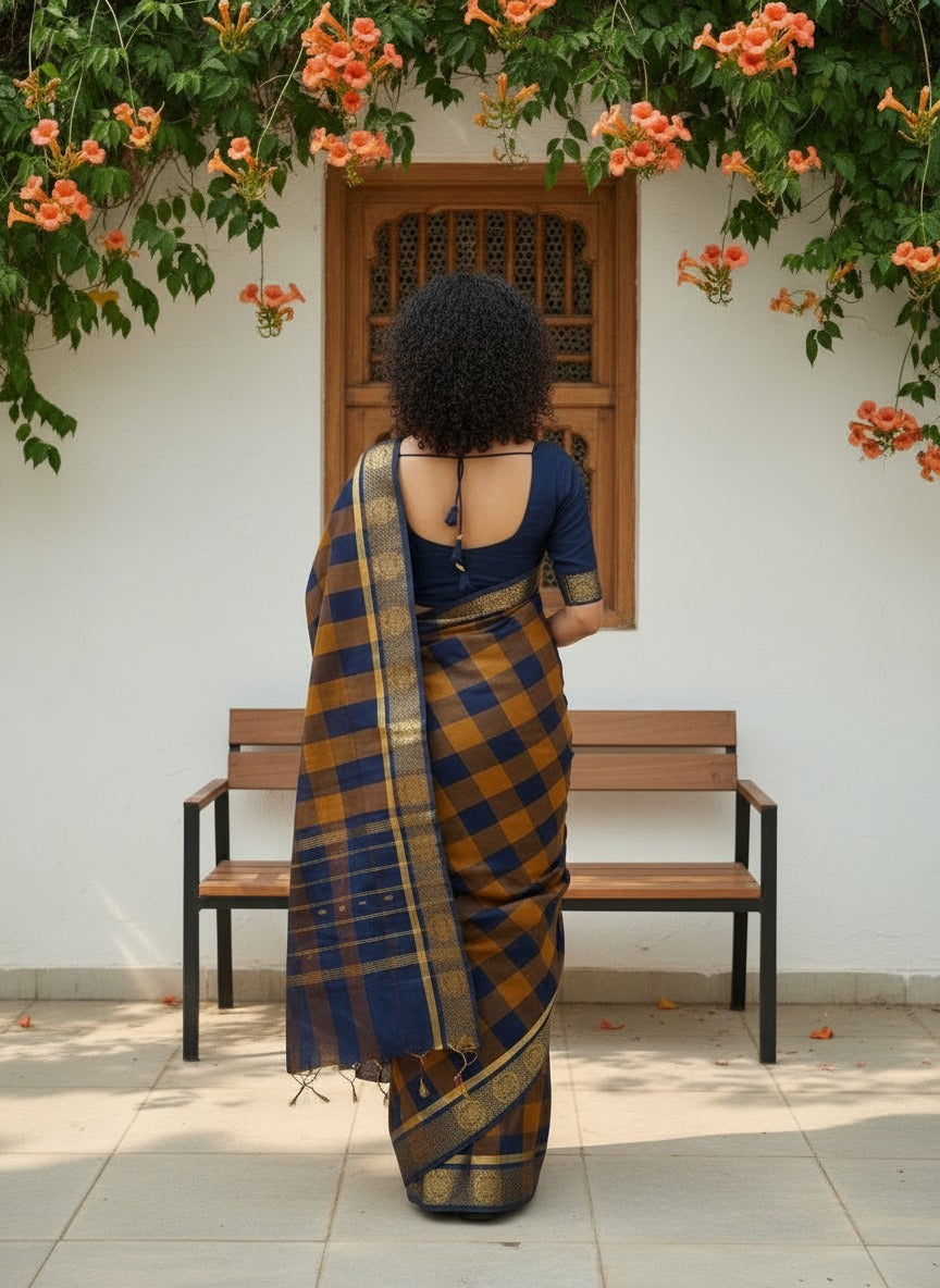 Kattam - 1 minute Ready-to-wear saree in Chettinad cotton in Brown and mustard checks