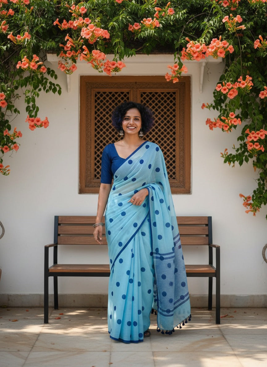 Aanchal - Saree (Unstitched) in Blue Polka in Khadi fabric