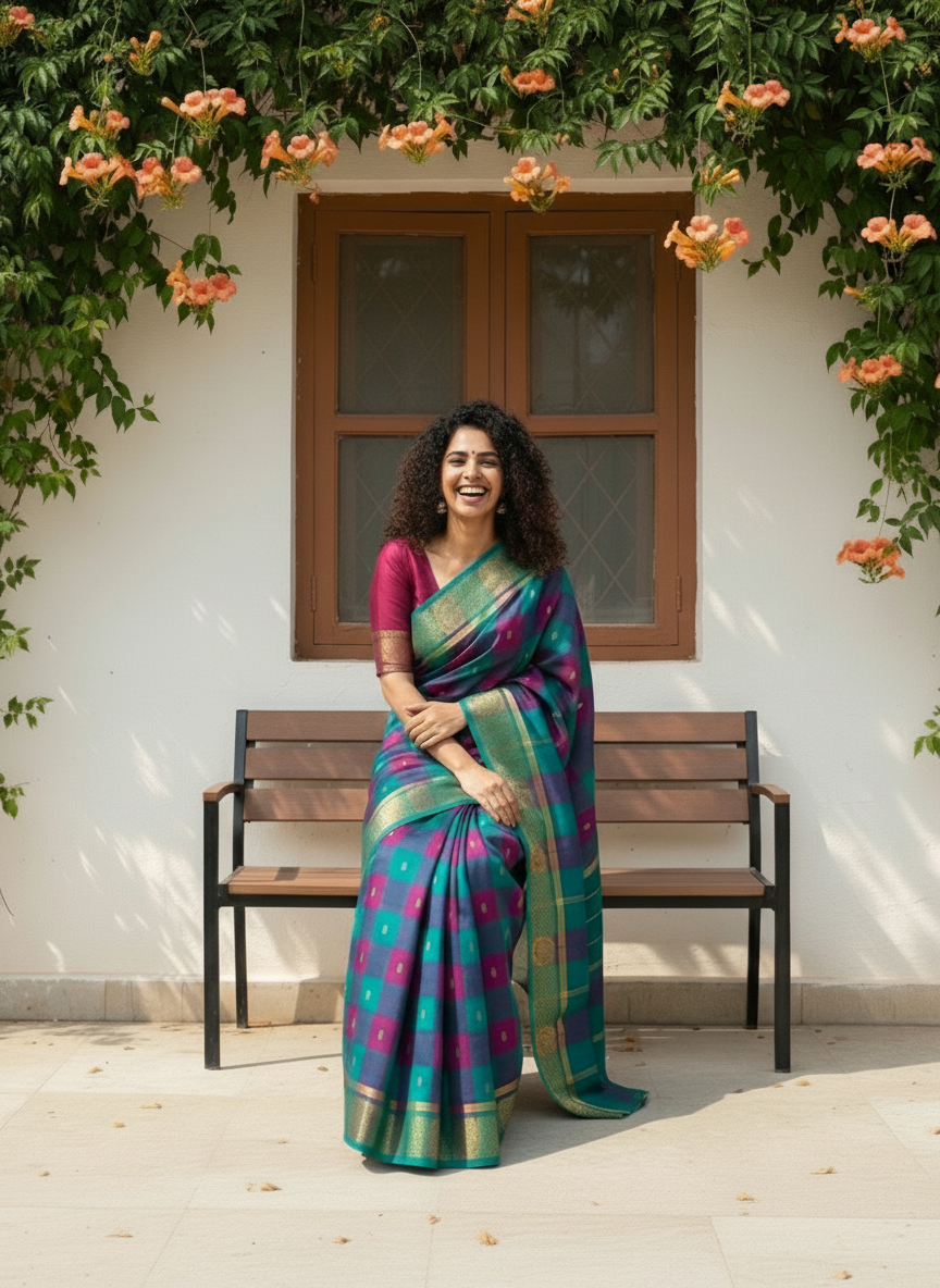 Kattam - 1 minute Ready-to-wear saree in Chettinad cotton in Teal & Pink checks
