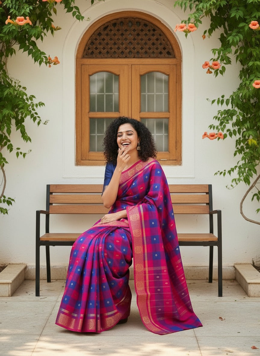 Kattam - 1 minute Ready-to-wear saree in Chettinad cotton in Pink and blue checks