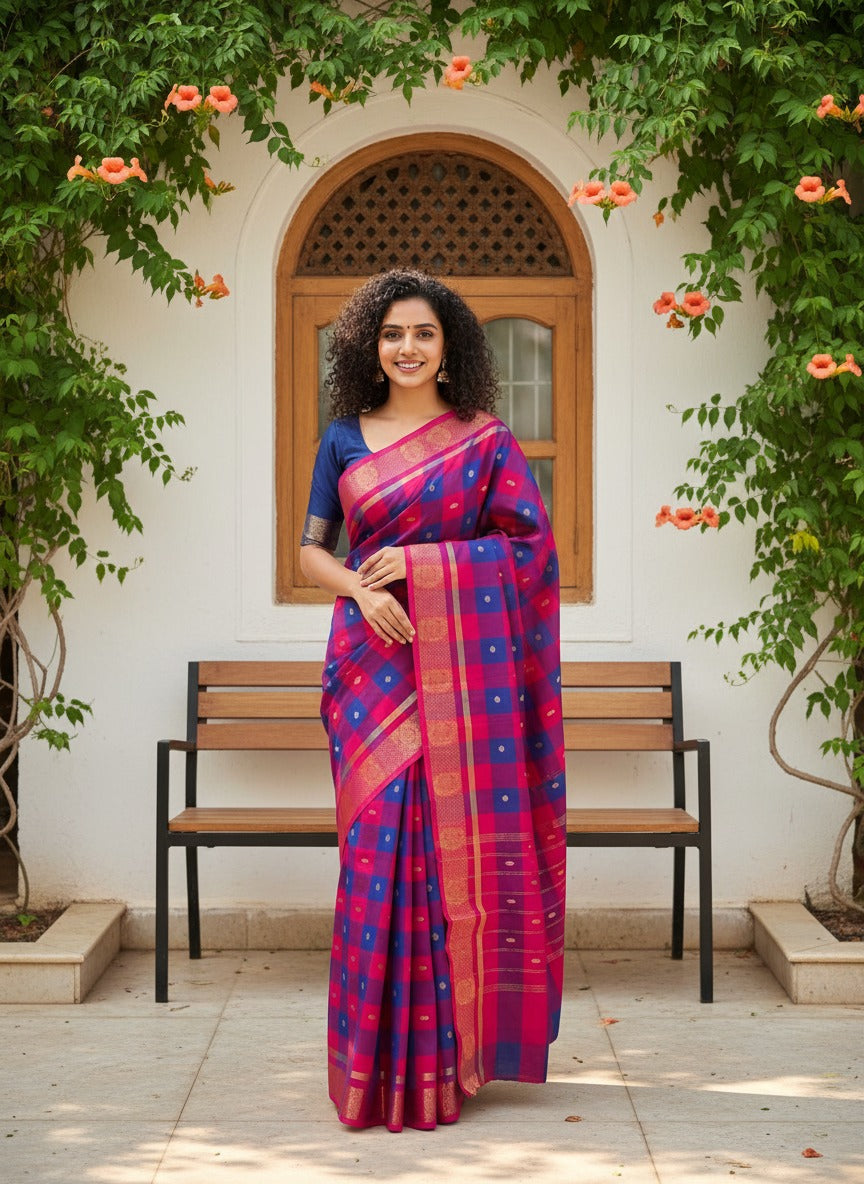 Kattam - 1 minute Ready-to-wear saree in Chettinad cotton in Pink and blue checks