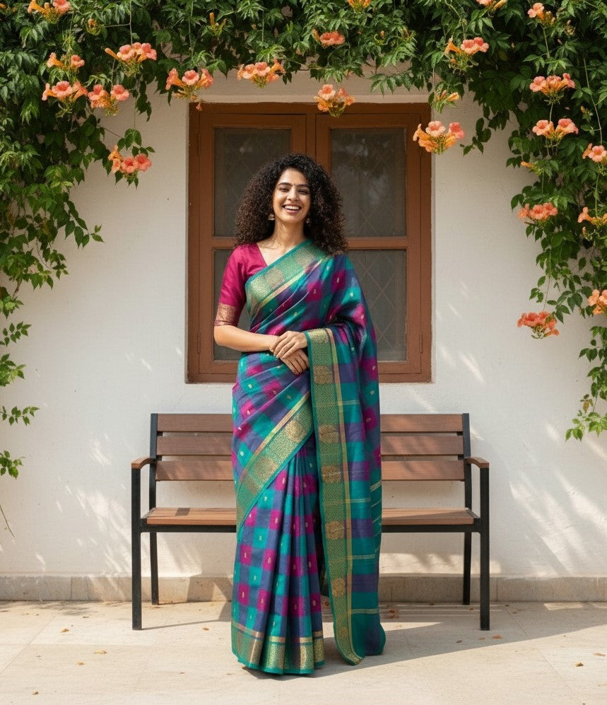 Kattam - 1 minute Ready-to-wear saree in Chettinad cotton in Teal & Pink checks
