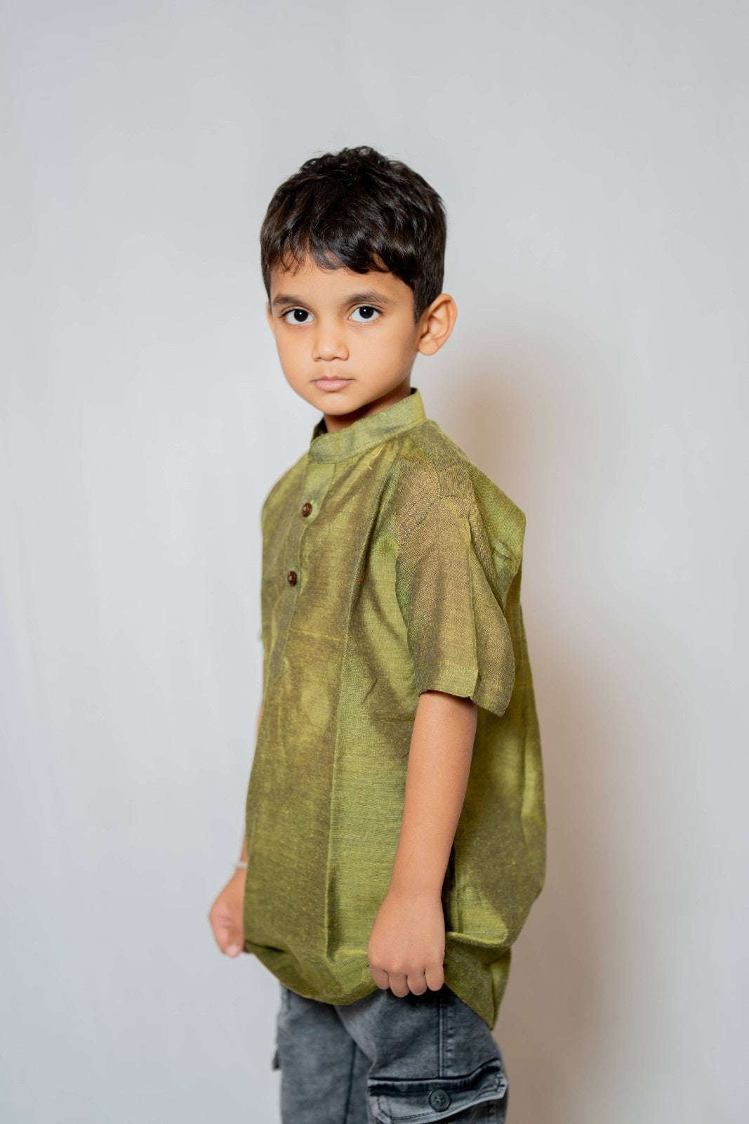 Prithvi - Classic Short Kurta in Green khadi fabric