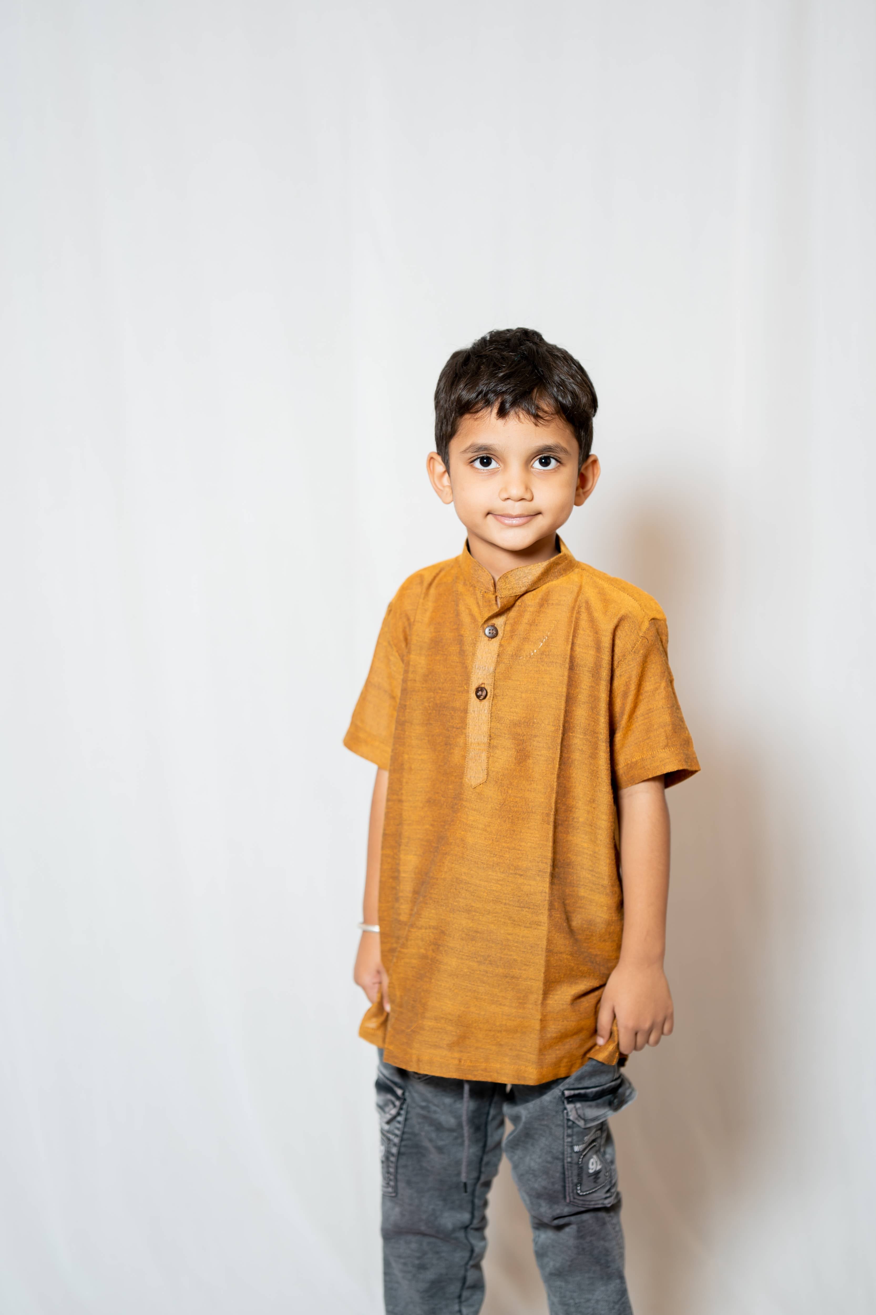 Prithvi - Classic Short Kurta in Brown Khadi fabric