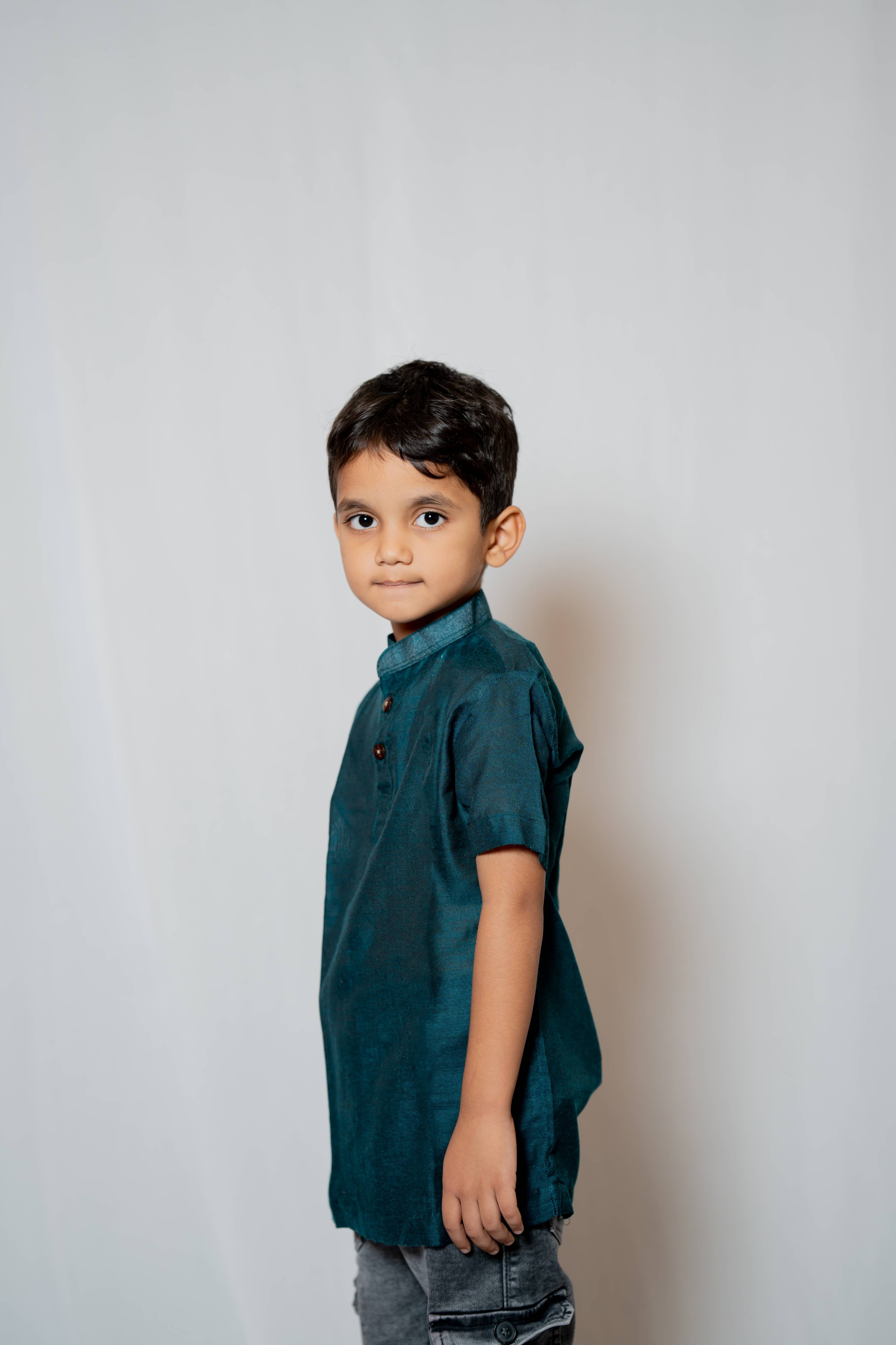 Prithvi - Classic Short Kurta in Teal khadi fabric