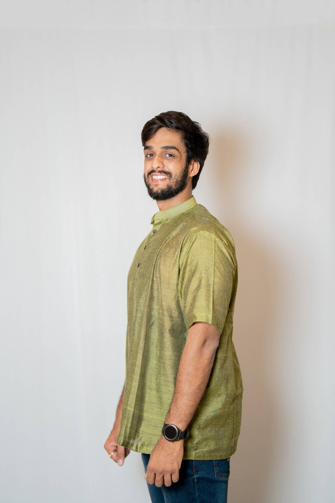 Prithvi - Classic Short Kurta in Green khadi fabric