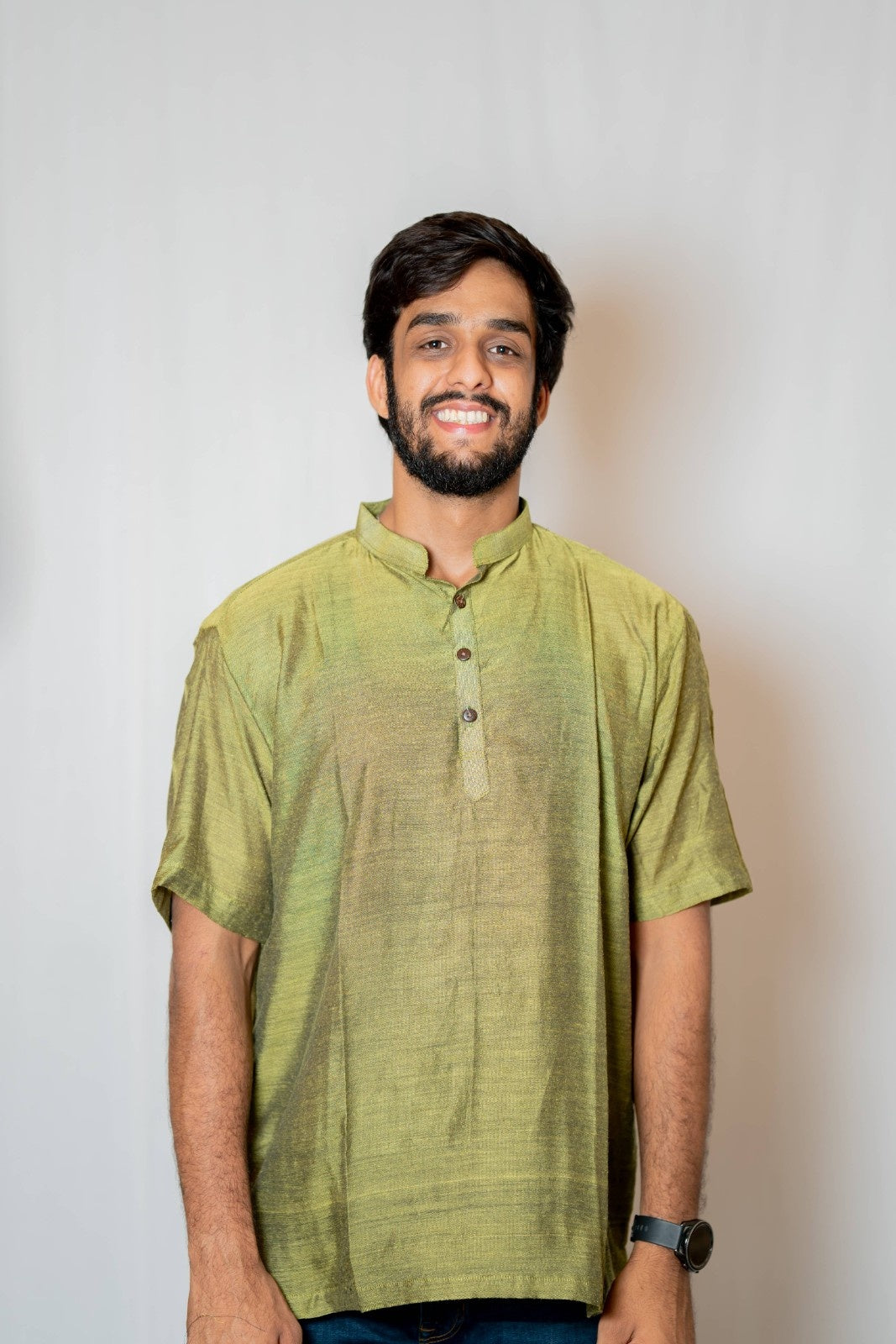 Prithvi - Classic Short Kurta in Green khadi fabric