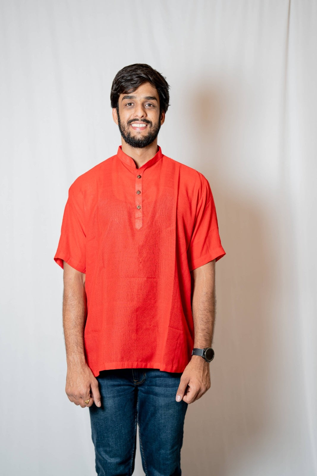 Prithvi - Classic Short Kurta in red khadi fabric