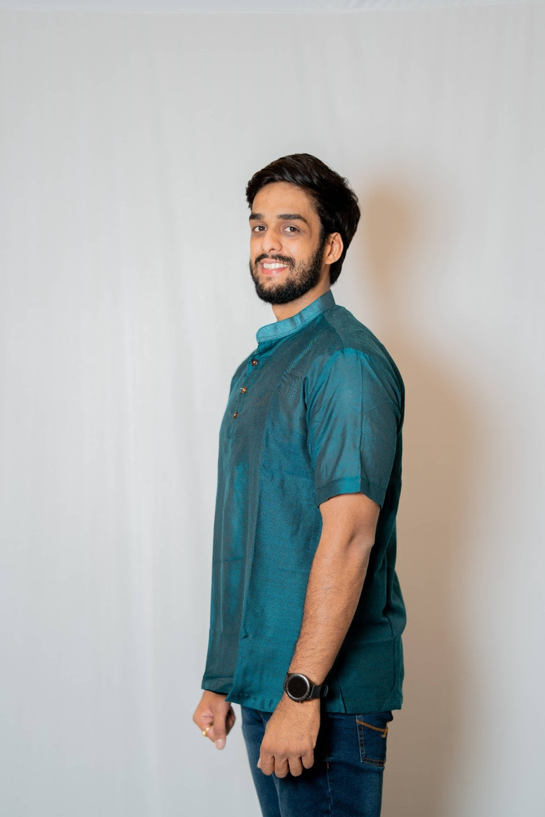 Prithvi - Classic Short Kurta in Teal khadi fabric