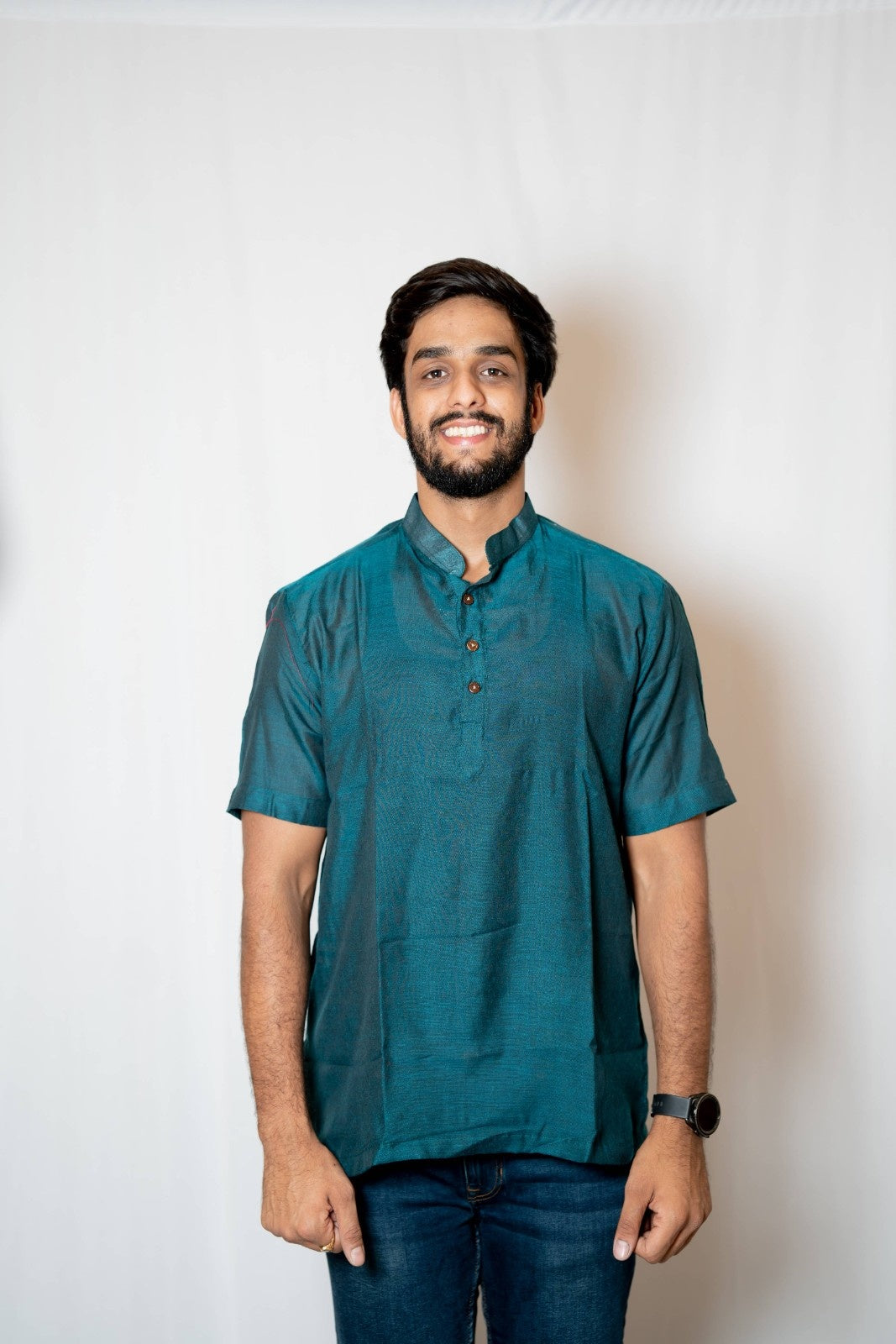 Prithvi - Classic Short Kurta in Teal khadi fabric