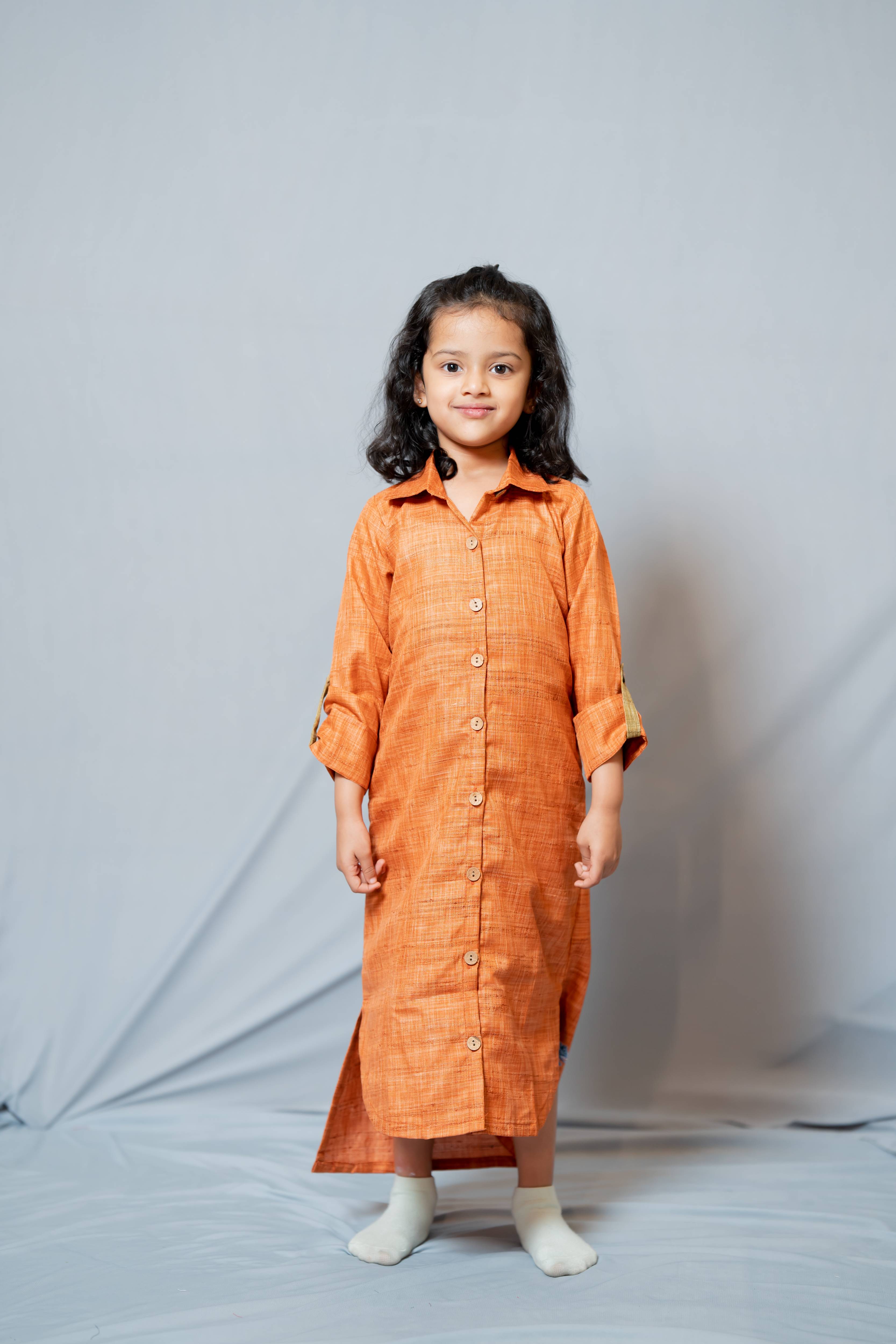 Autumn - Roll-up sleeve collared Shirt dress in Rust co-jute