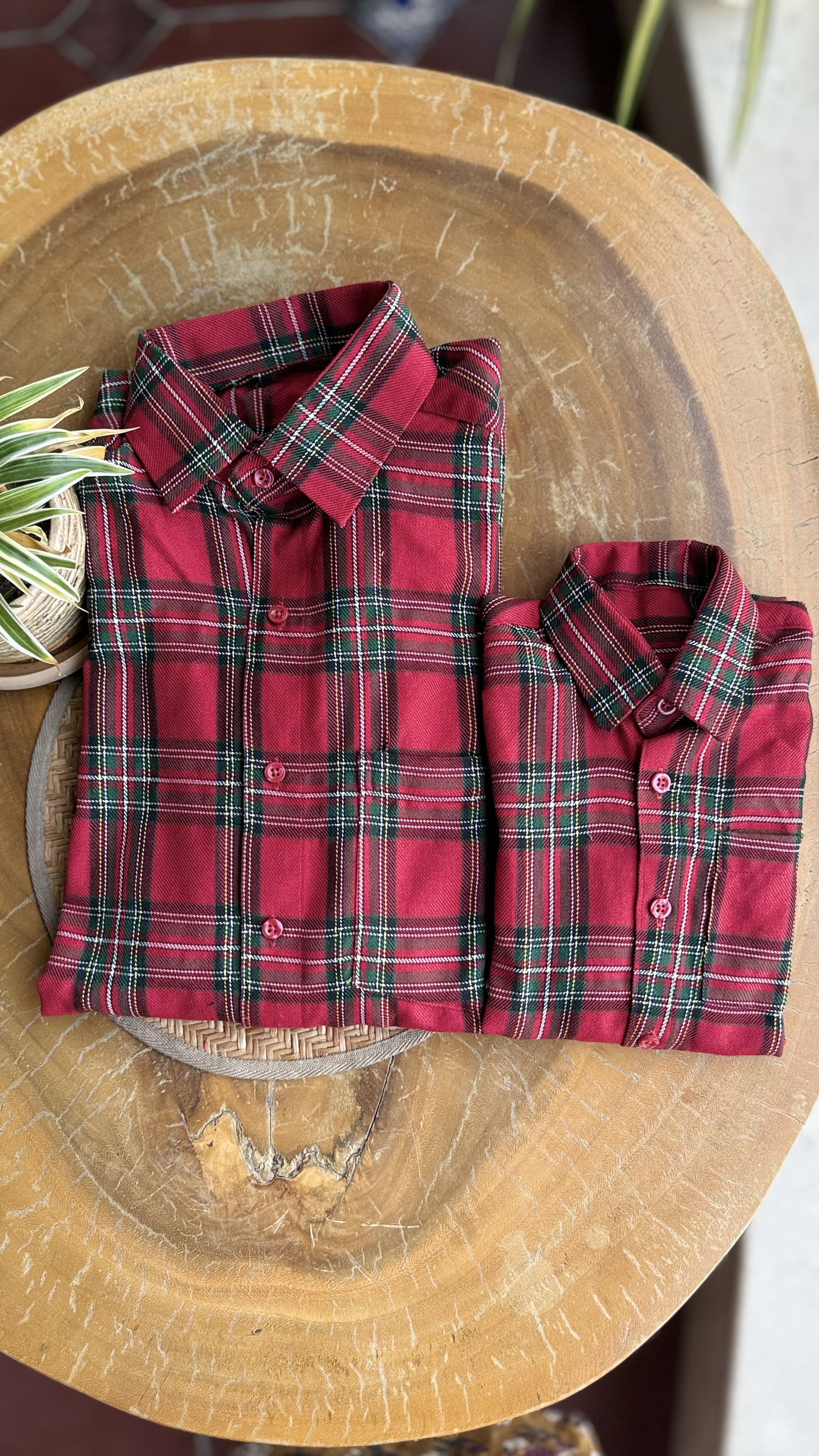 Terra - Roll-up sleeve collared shirts in red christmas checks