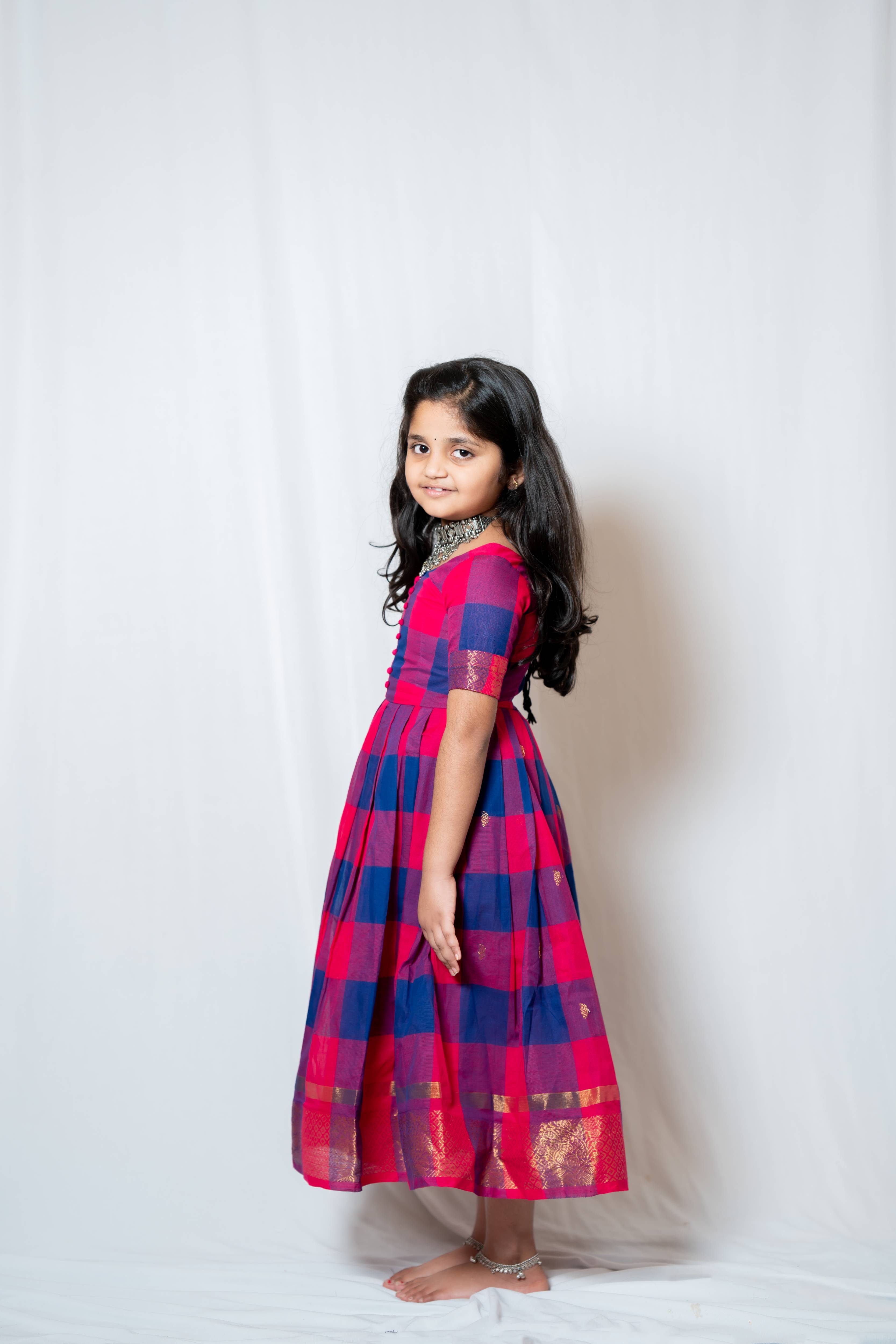 Kattam - Anarkali dress in chettinad cotton in Pink and blue checks