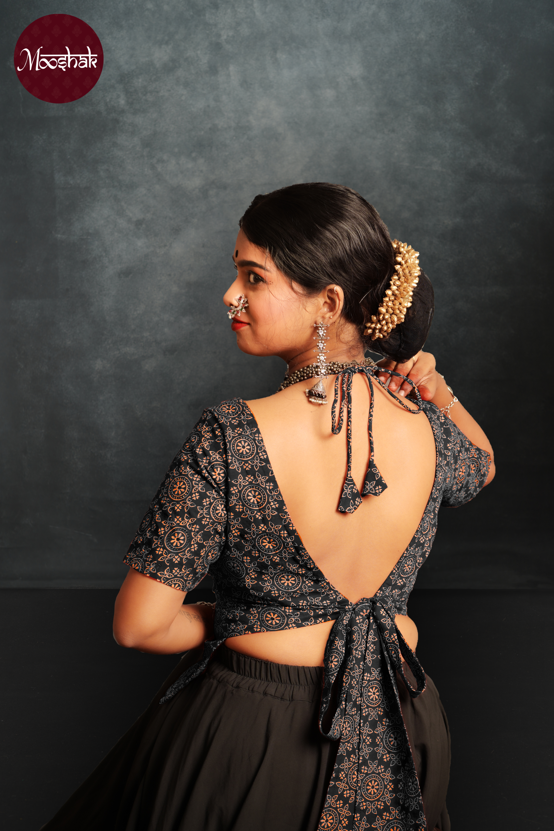 Dhaani-Backless blouse - Blouses in Black Ajrakh with circle print