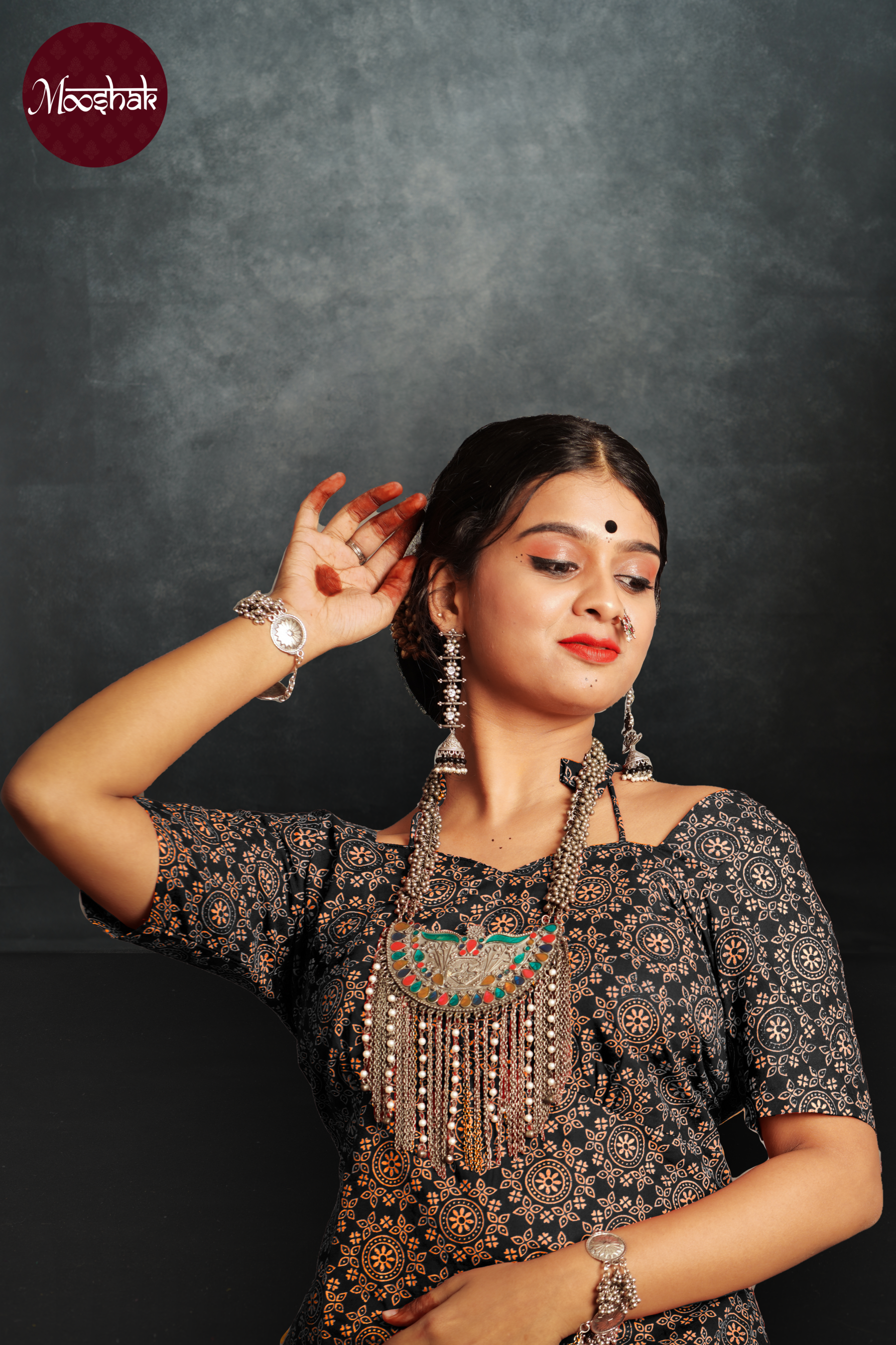 Dhaani-Backless blouse - Blouses in Black Ajrakh with circle print