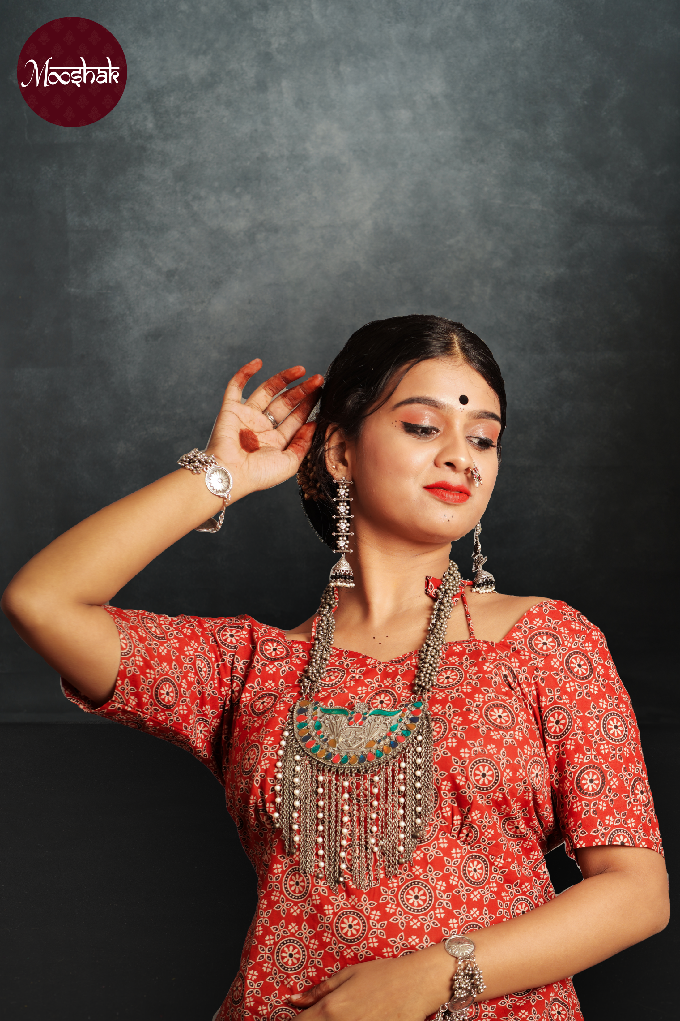 Dhaani-Backless blouse - Blouses in Red Ajrakh with circle print