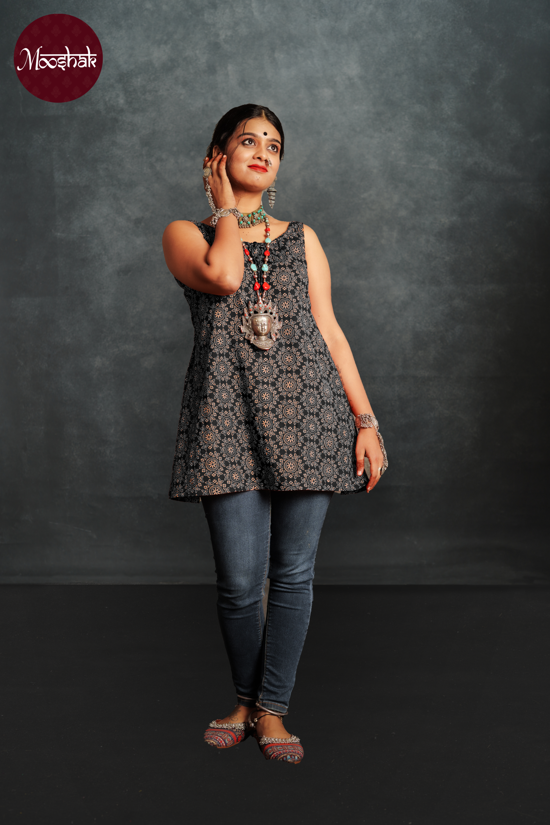 Dhaani-Top - Tops in Black Ajrakh with circle print