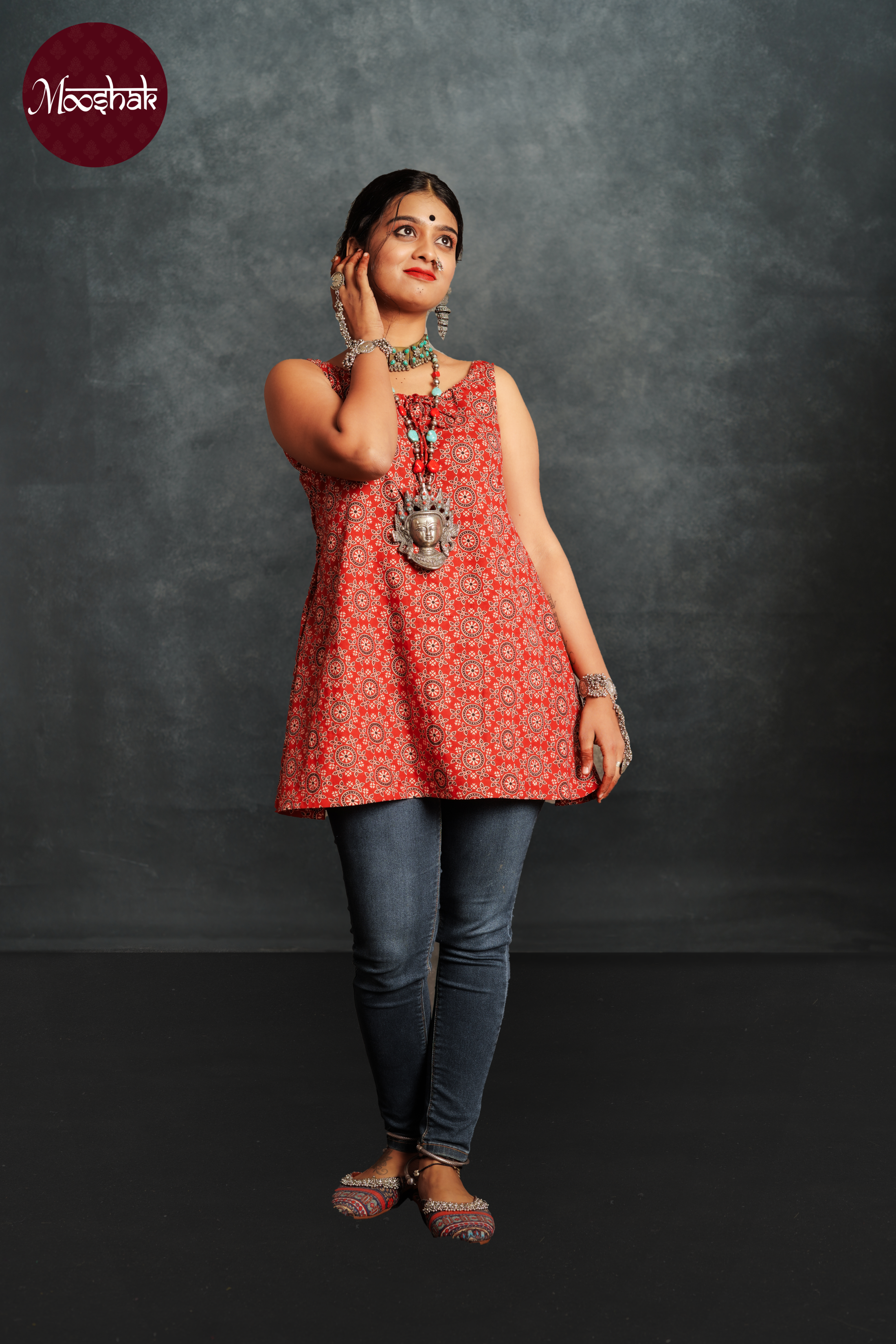 Dhaani-Top - Tops in Red Ajrakh with circle print