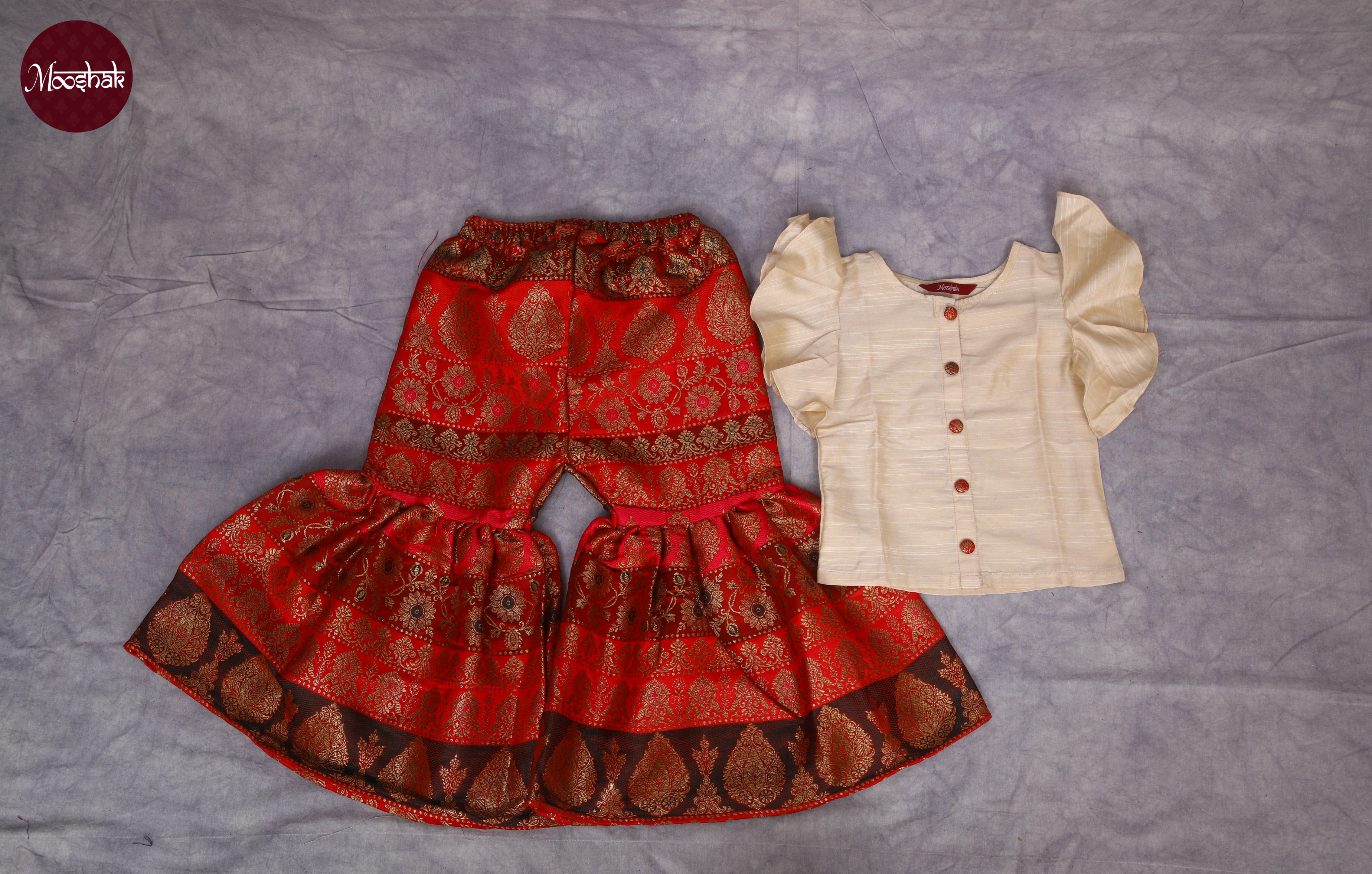 Dhara - Sharara Set in Multicolor red brocade with offwhite