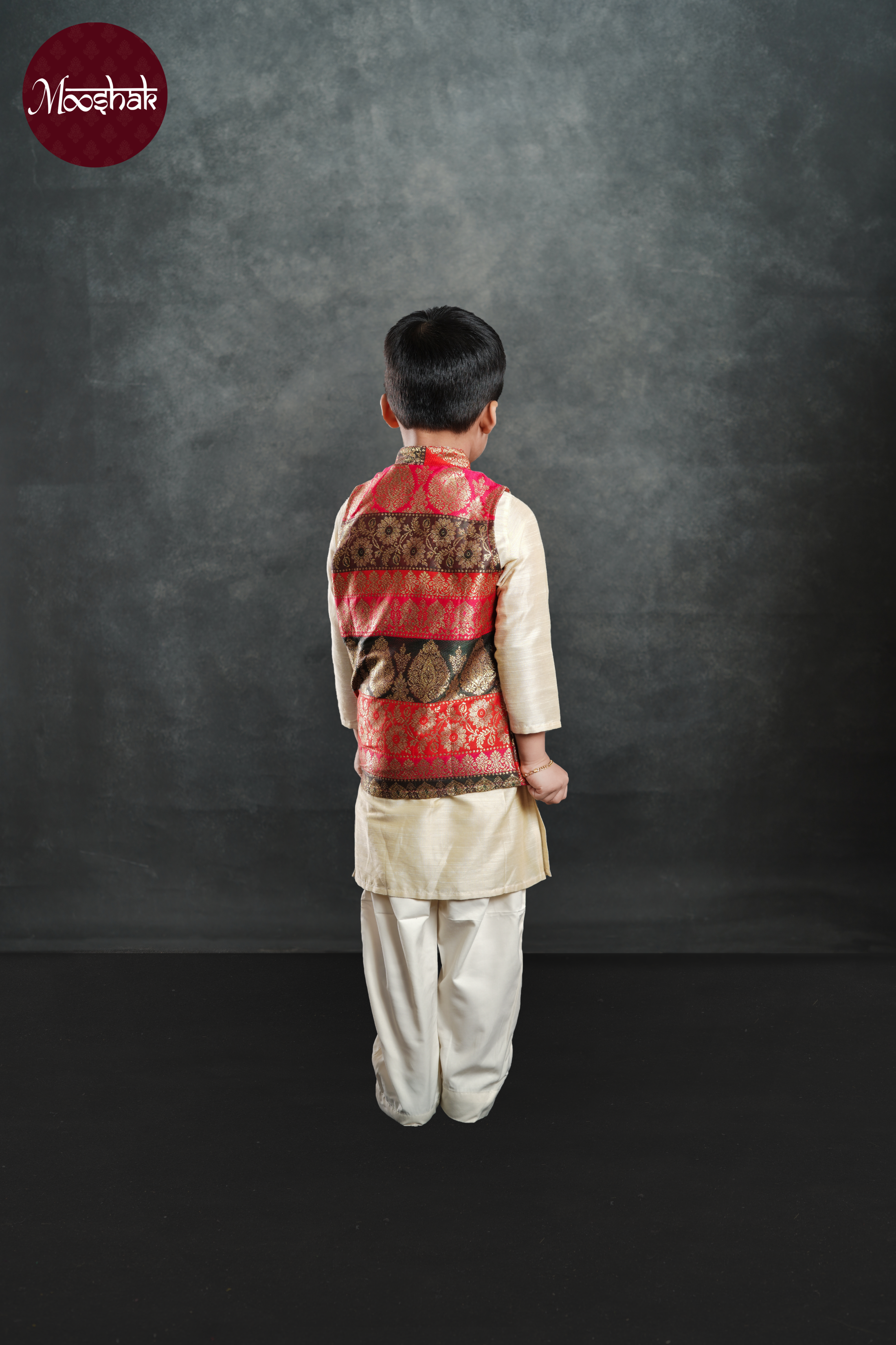 Dhruva - Kurta in Off-white with Multicolor brocade jacket and pyjama