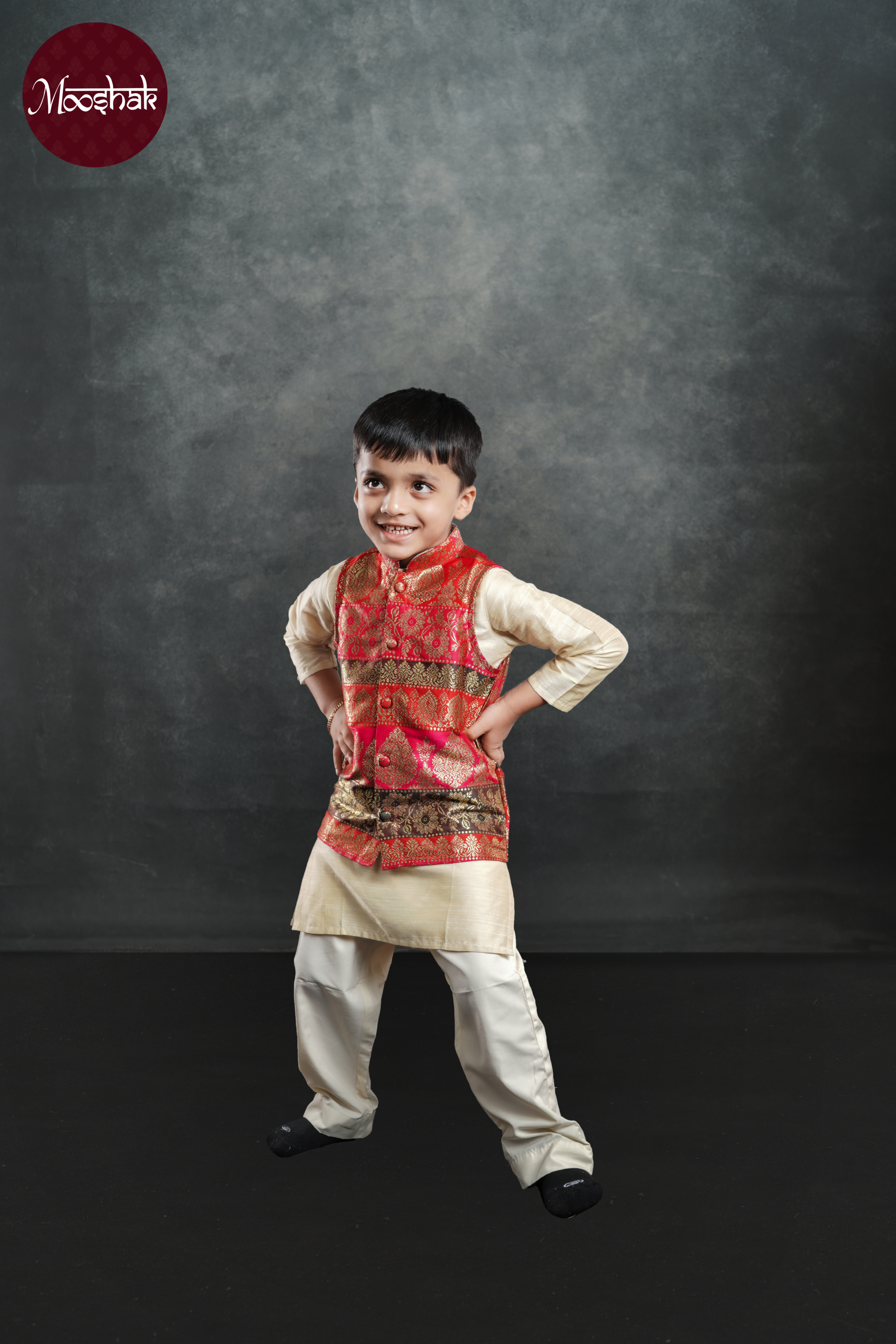 Dhruva - Kurta in Off-white with Multicolor brocade jacket and pyjama