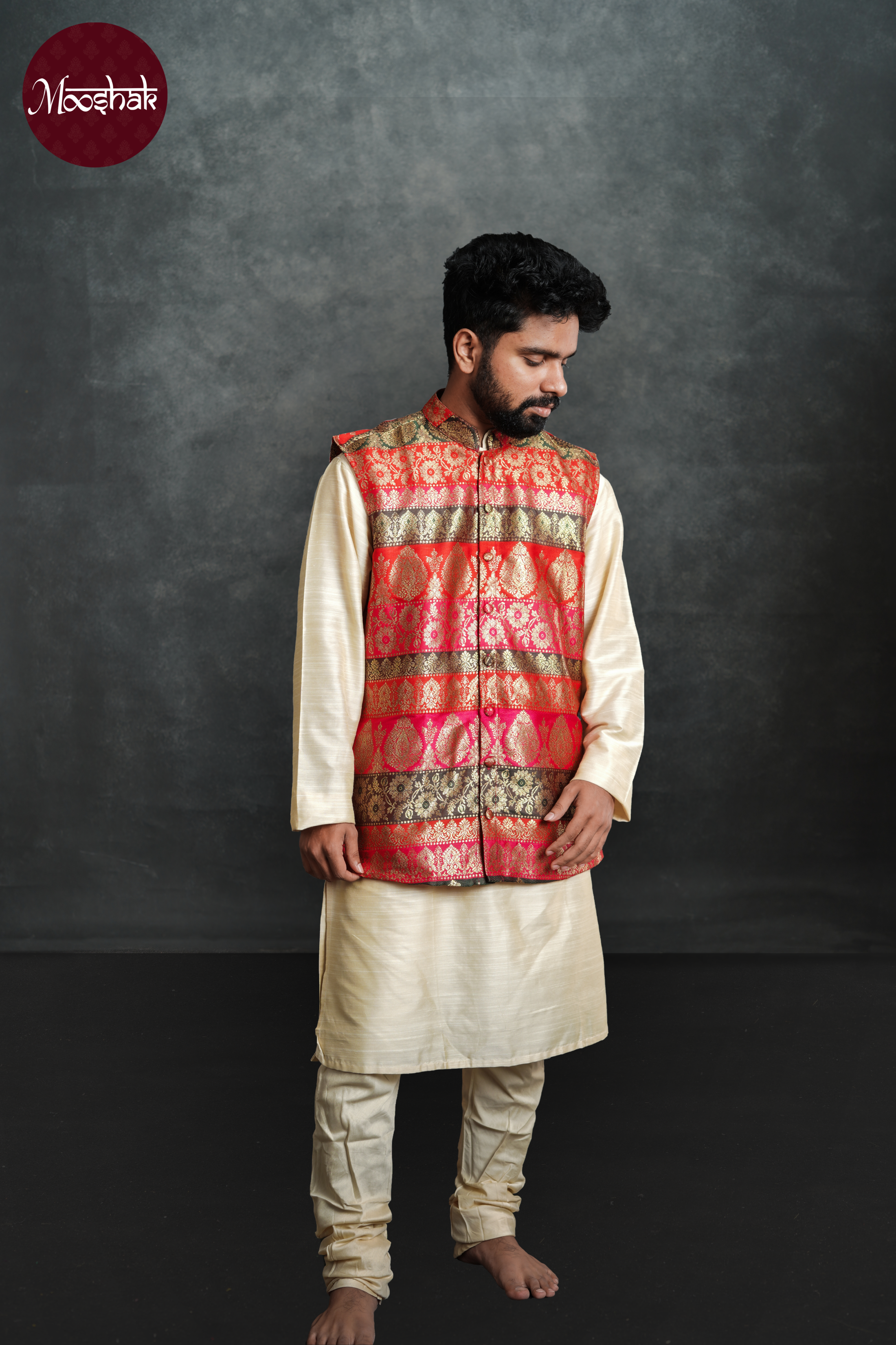 Dhruva - Kurta in Off-white with Multicolor brocade jacket and pyjama