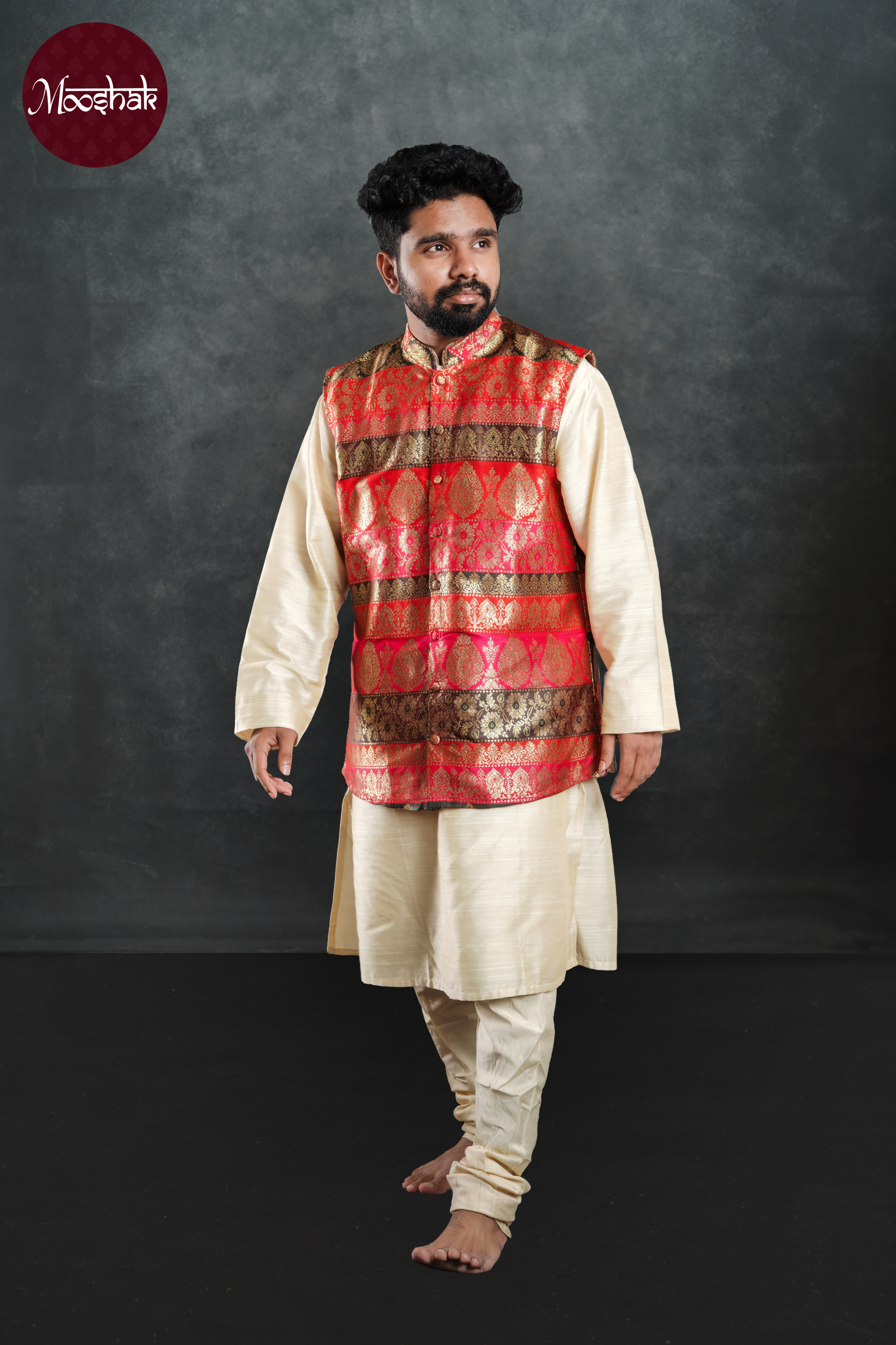 Dhruva - Kurta in Off-white with Multicolor brocade jacket and pyjama