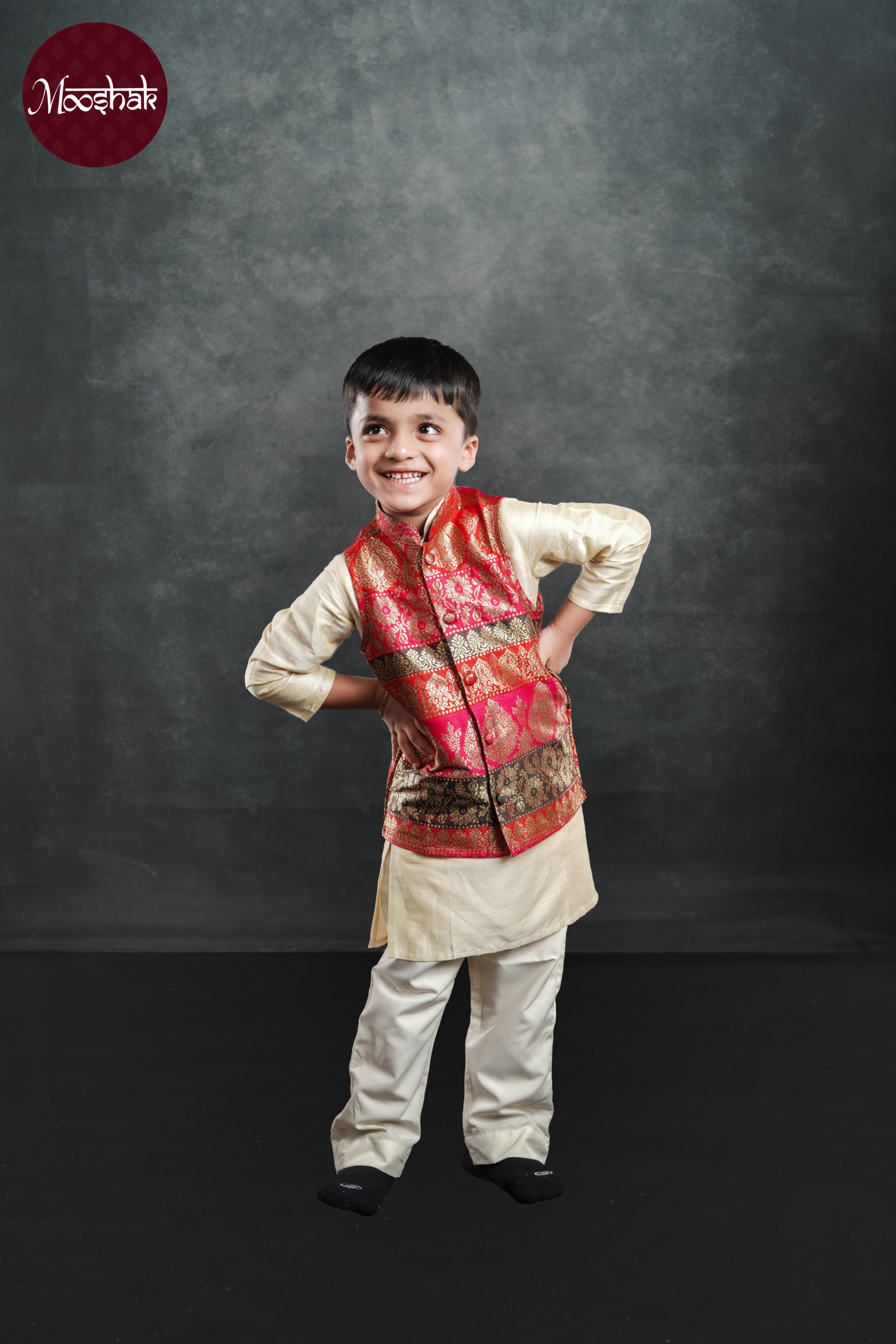 Dhruva - Kurta in Off-white with Multicolor brocade jacket and pyjama