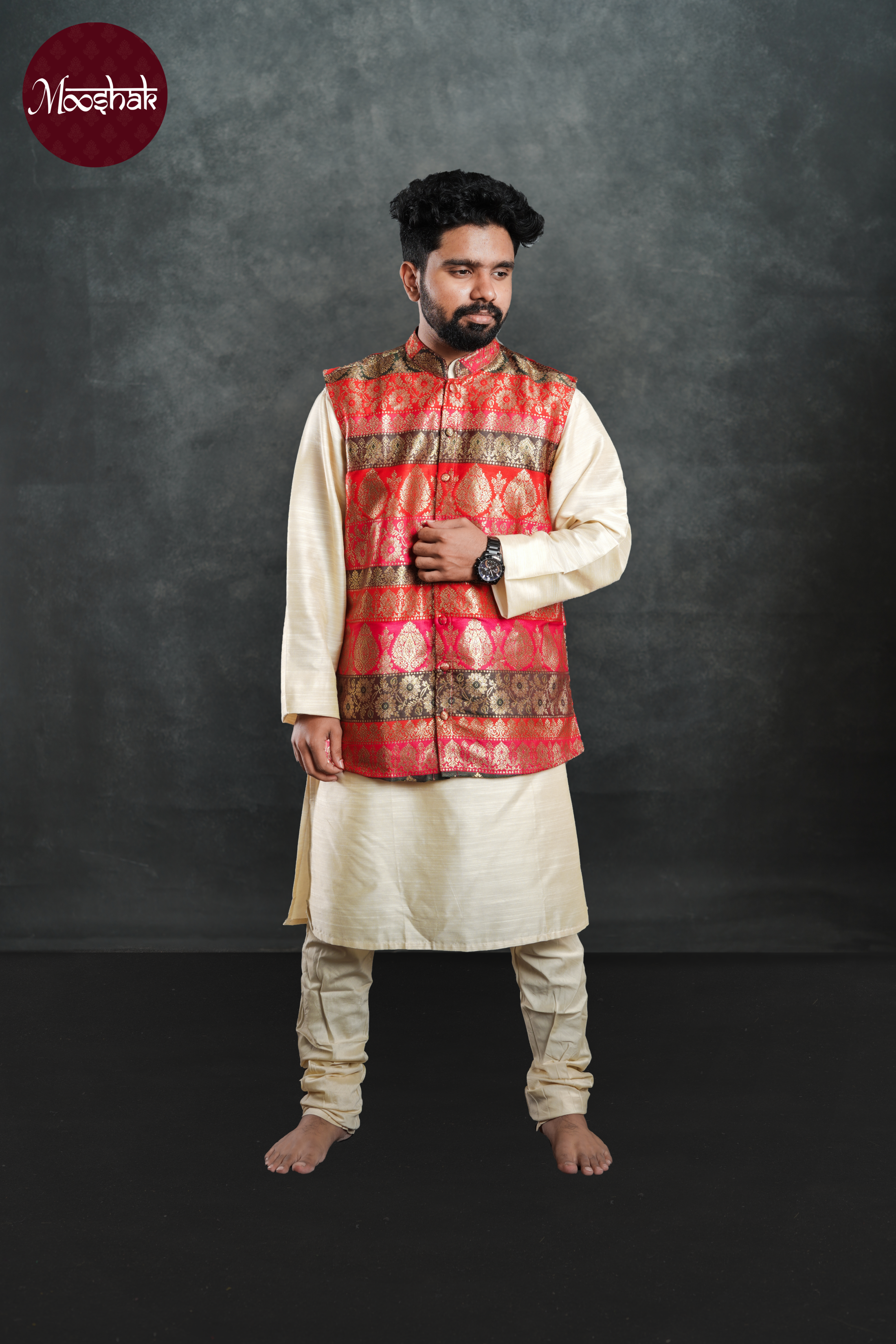 Dhruva - Kurta in Off-white with Multicolor brocade jacket and pyjama