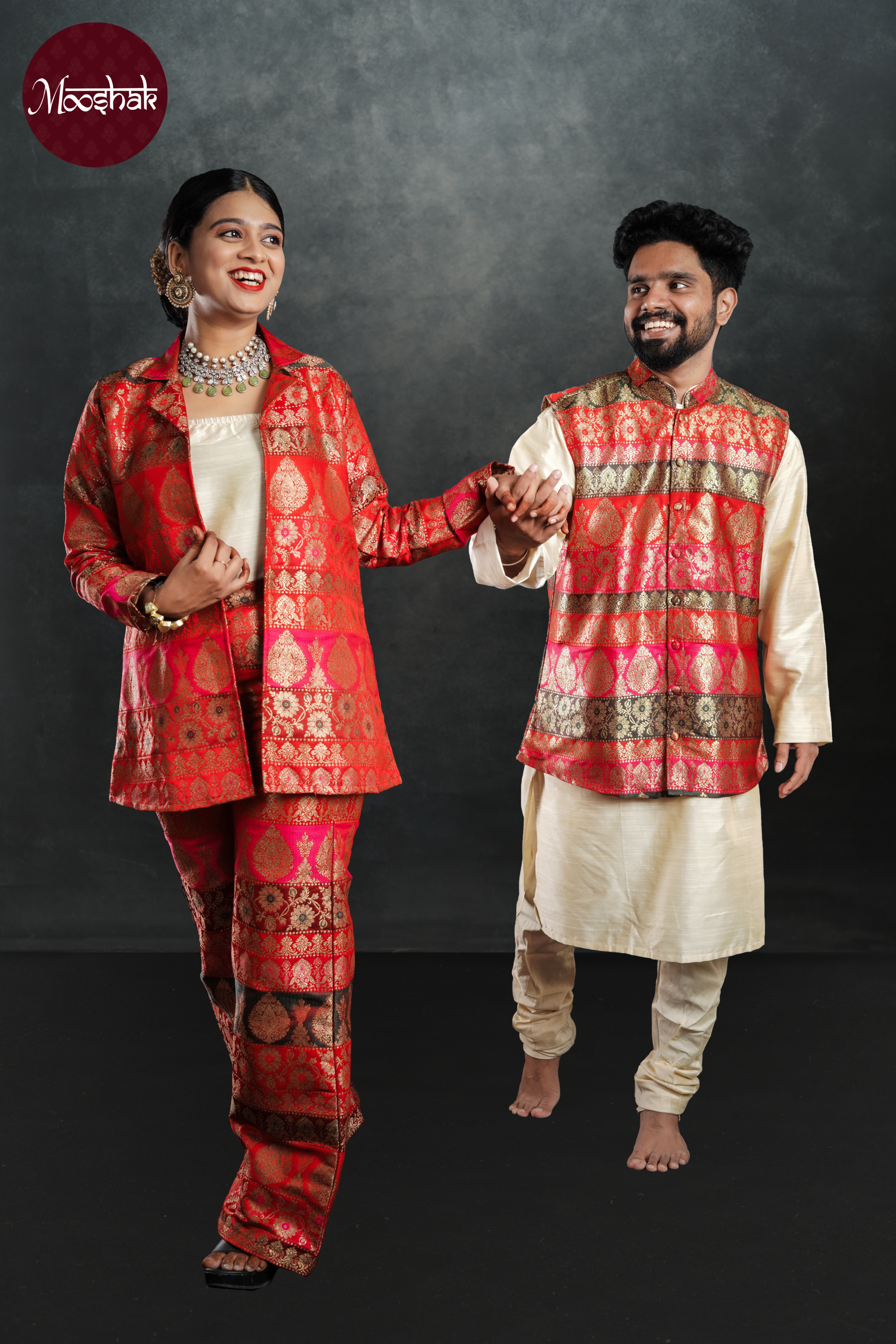 Dhruva - Kurta in Off-white with Multicolor brocade jacket and pyjama