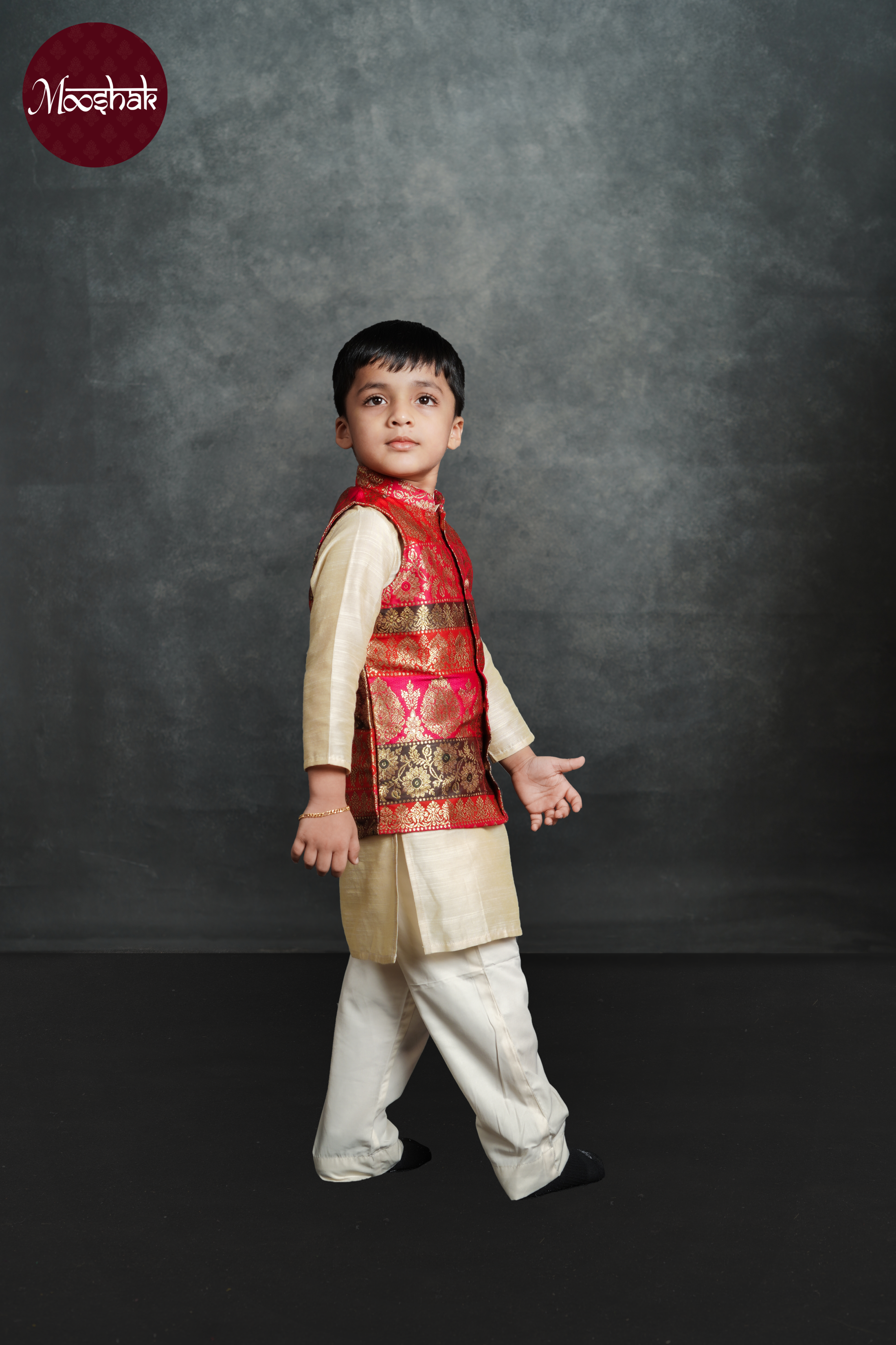 Dhruva - Kurta in Off-white with Multicolor brocade jacket and pyjama