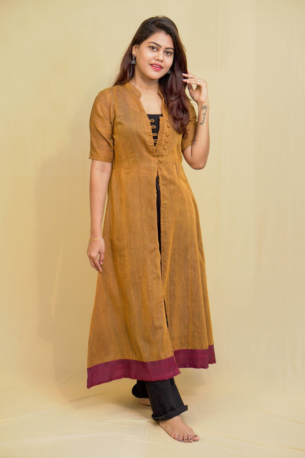 Dhwani - 2 in 1 dress with overcoat in Khadi cotton in mustard