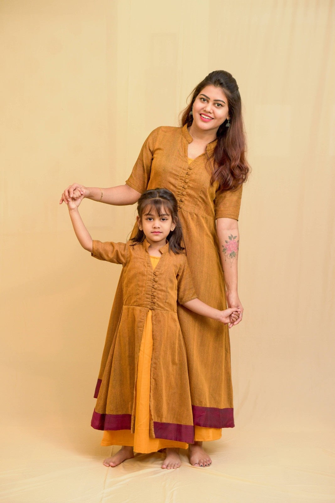 Dhwani - 2 in 1 dress with overcoat in Khadi cotton in mustard