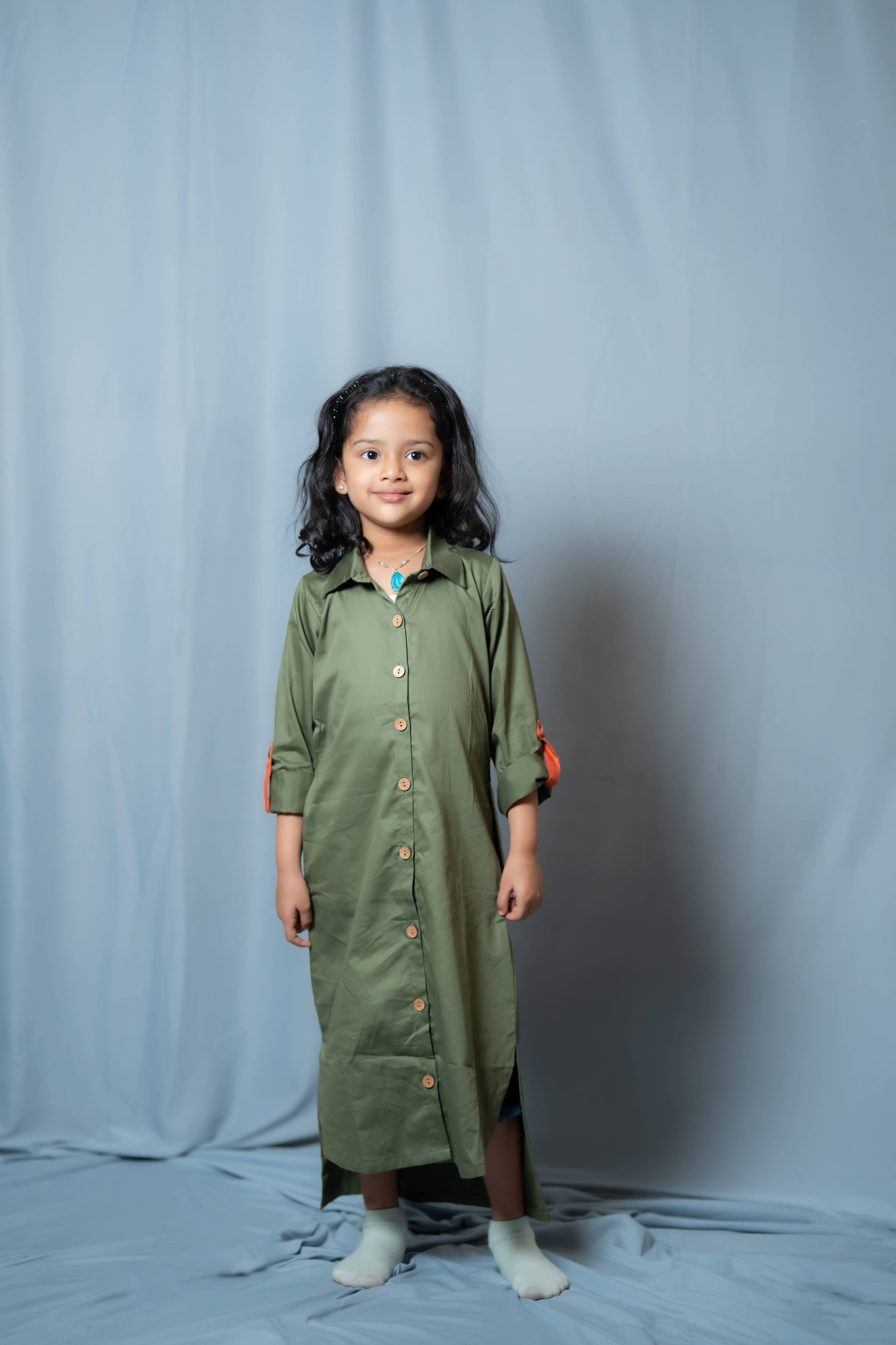 Autumn - Roll-up sleeve collared shirt dress in Olive pure cotton