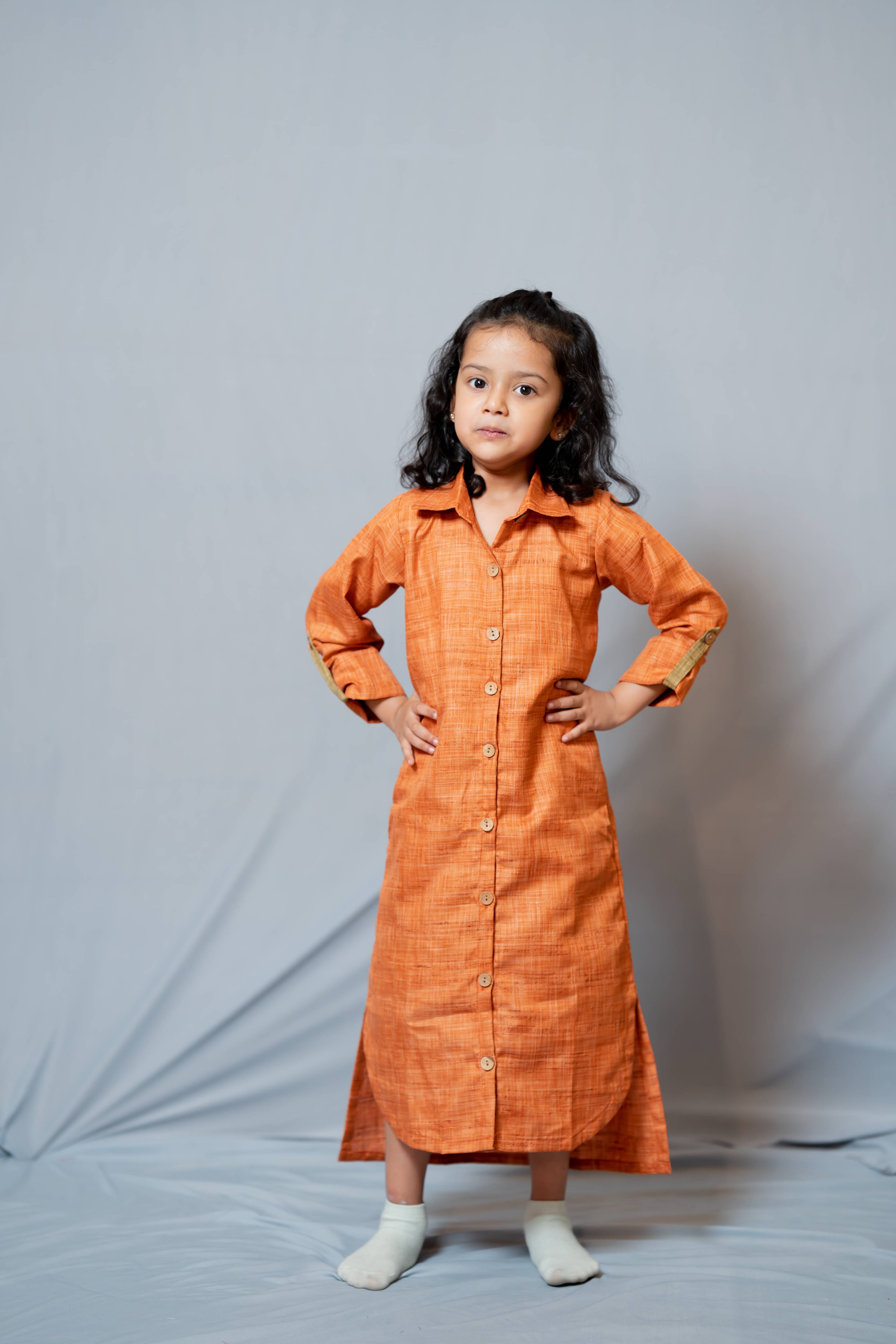 Autumn - Roll-up sleeve collared Shirt dress in Rust co-jute