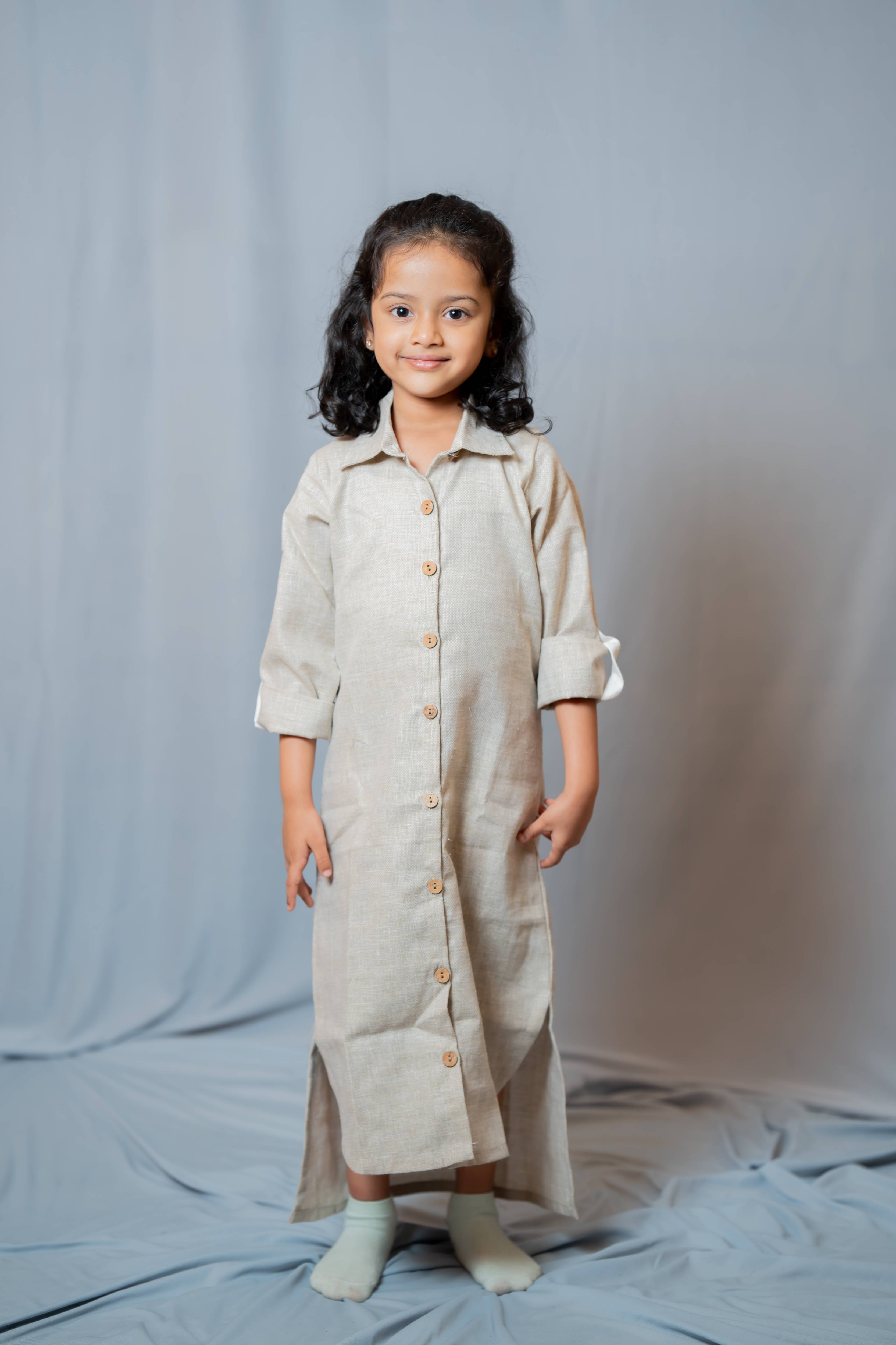 Autumn - Roll-up sleeve collared Shirt dress in Beige co-jute