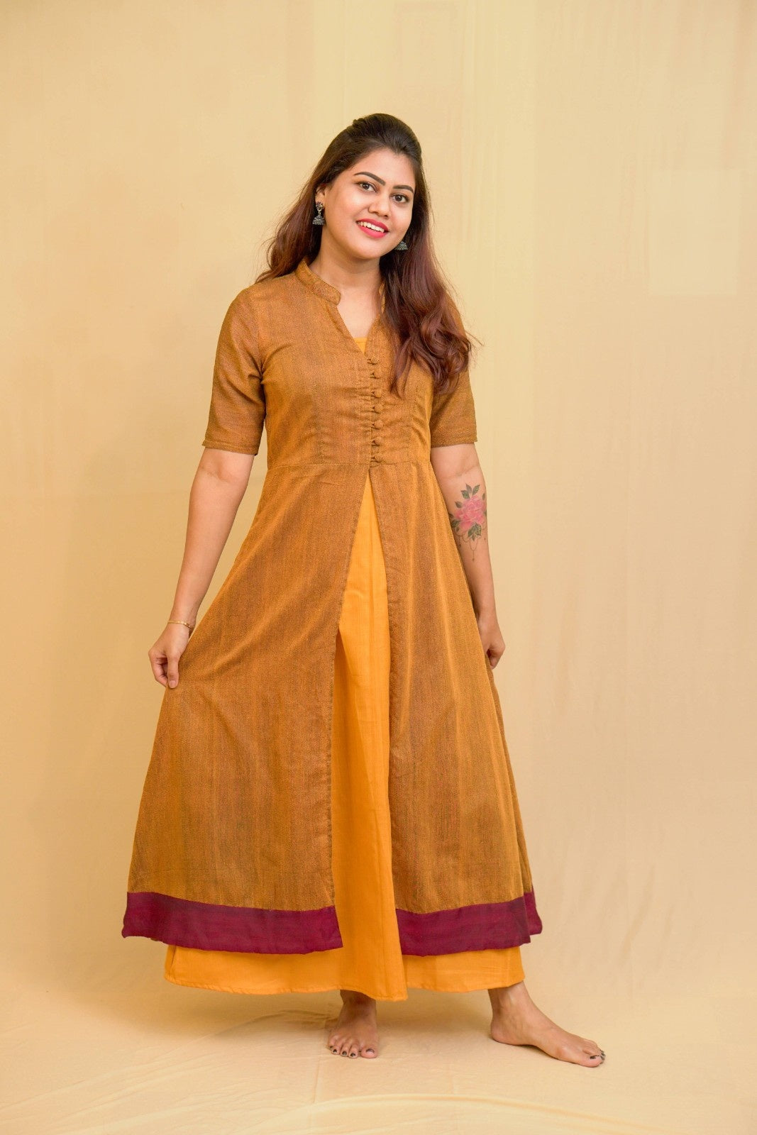 Dhwani - 2 in 1 dress with overcoat in Khadi cotton in mustard