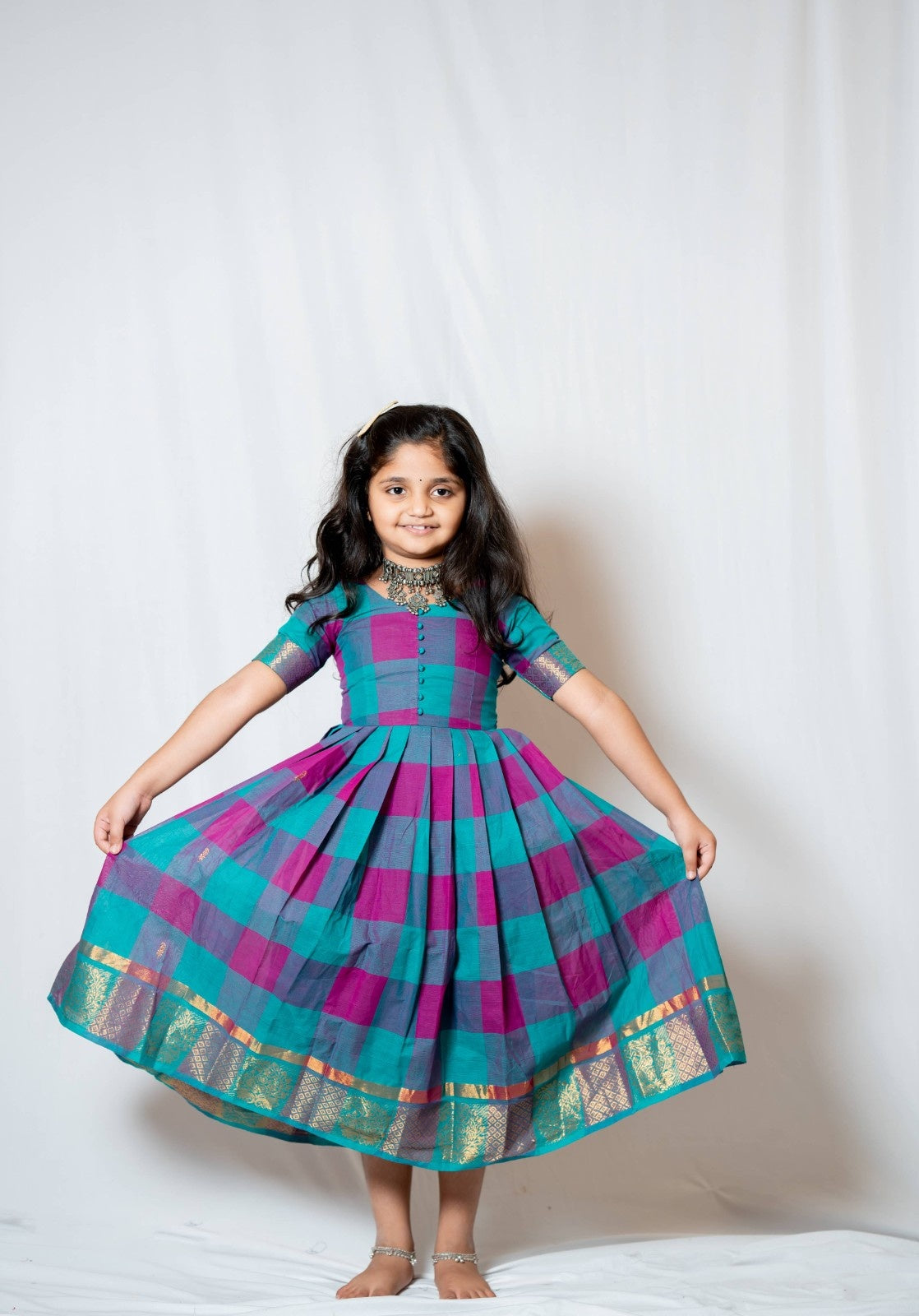 Kattam - Anarkali dress in chettinad cotton in Teal and Pink checks