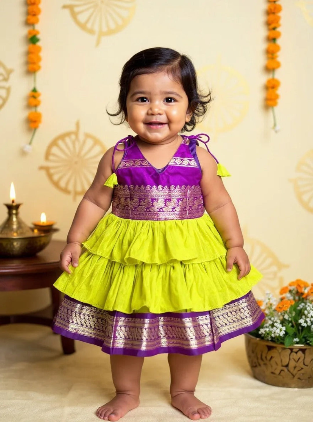 Little Miss Sunshine - Frock-Dress in Green with purple zari