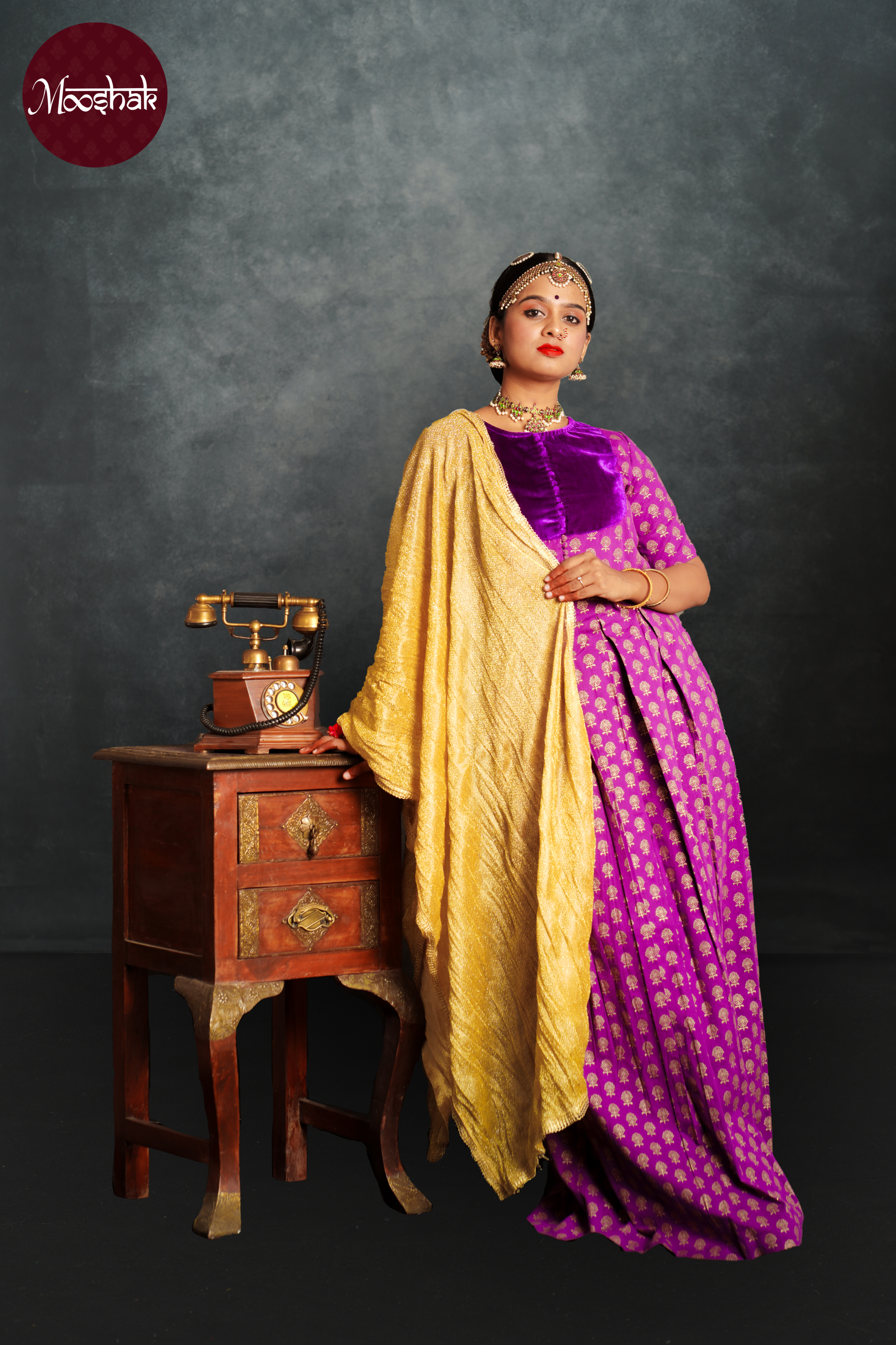 Jashn - Skirt and Top in Purple with gold foil print