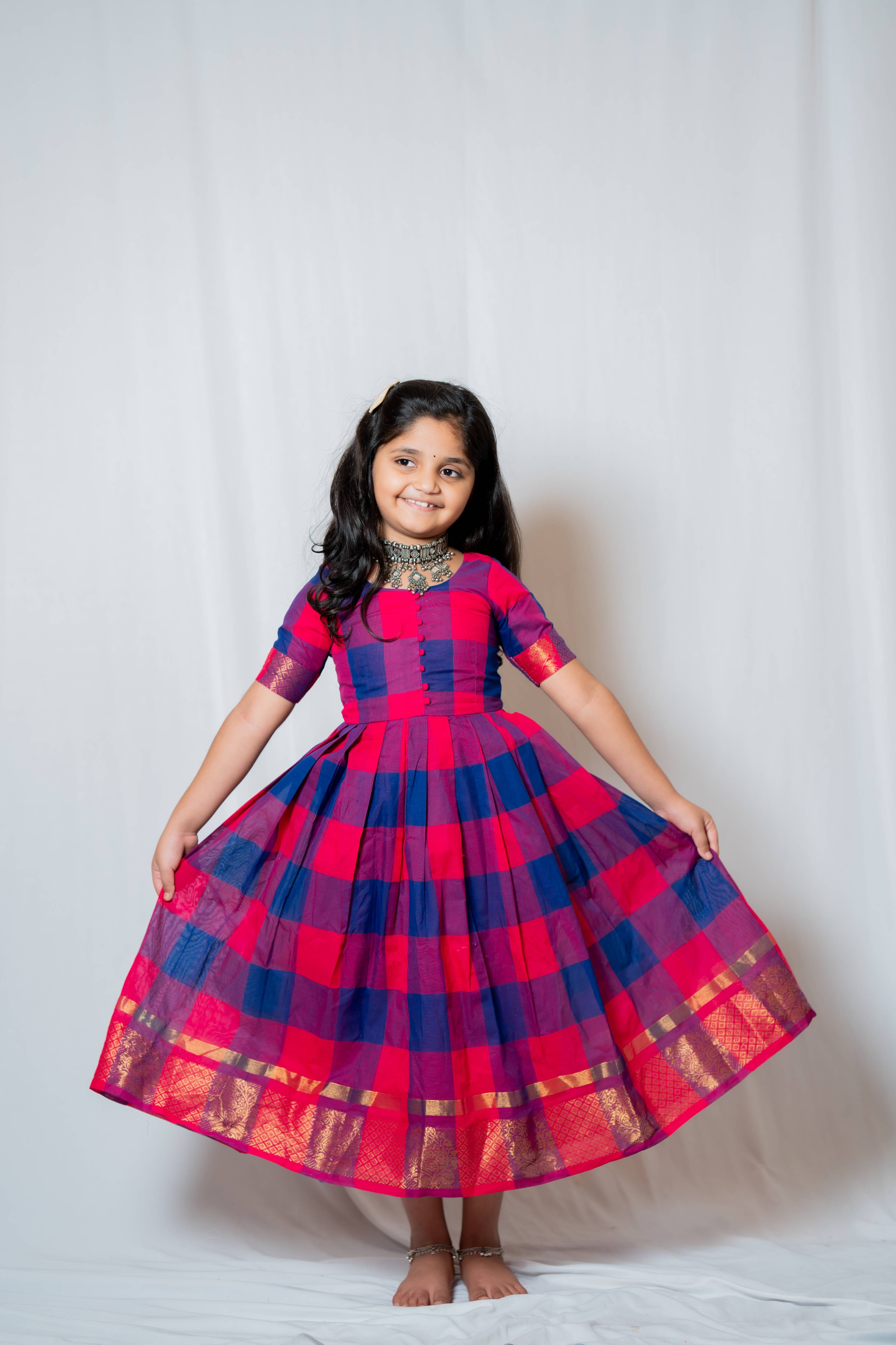 Kattam - Anarkali dress in chettinad cotton in Pink and blue checks