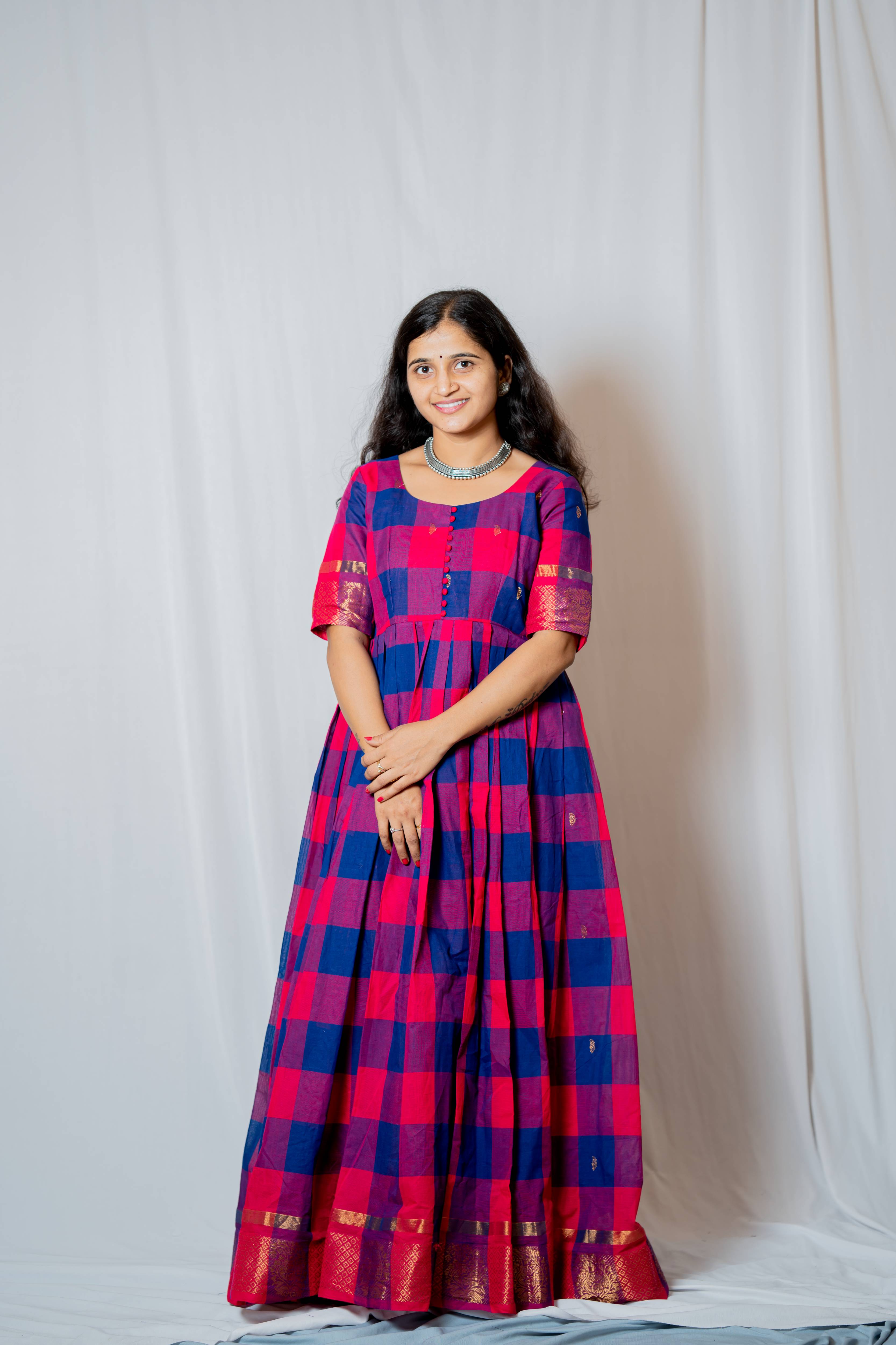 Kattam - Anarkali dress in chettinad cotton in Pink and blue checks