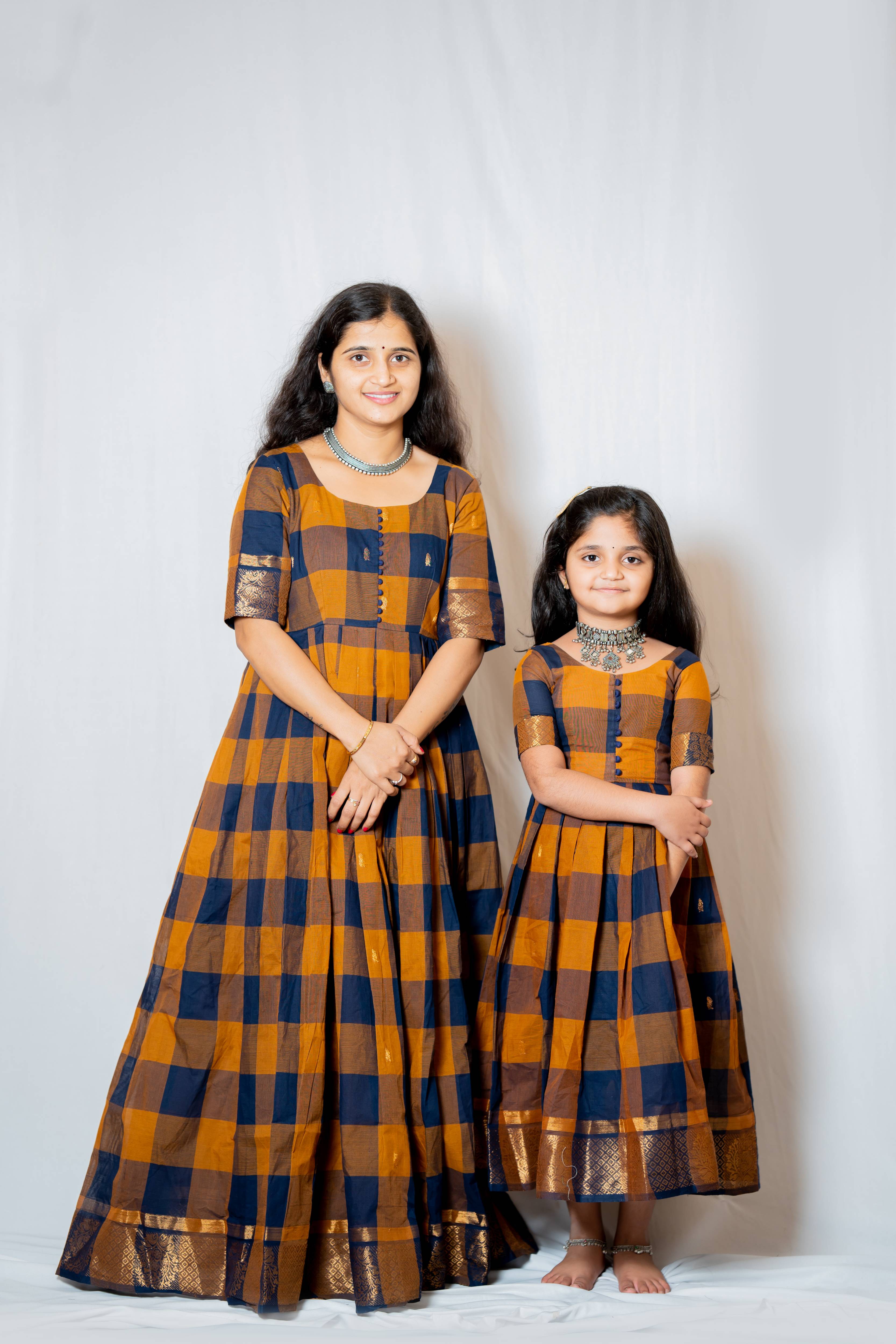 Kattam - Anarkali dress in chettinad cotton in Brown and mustard checks