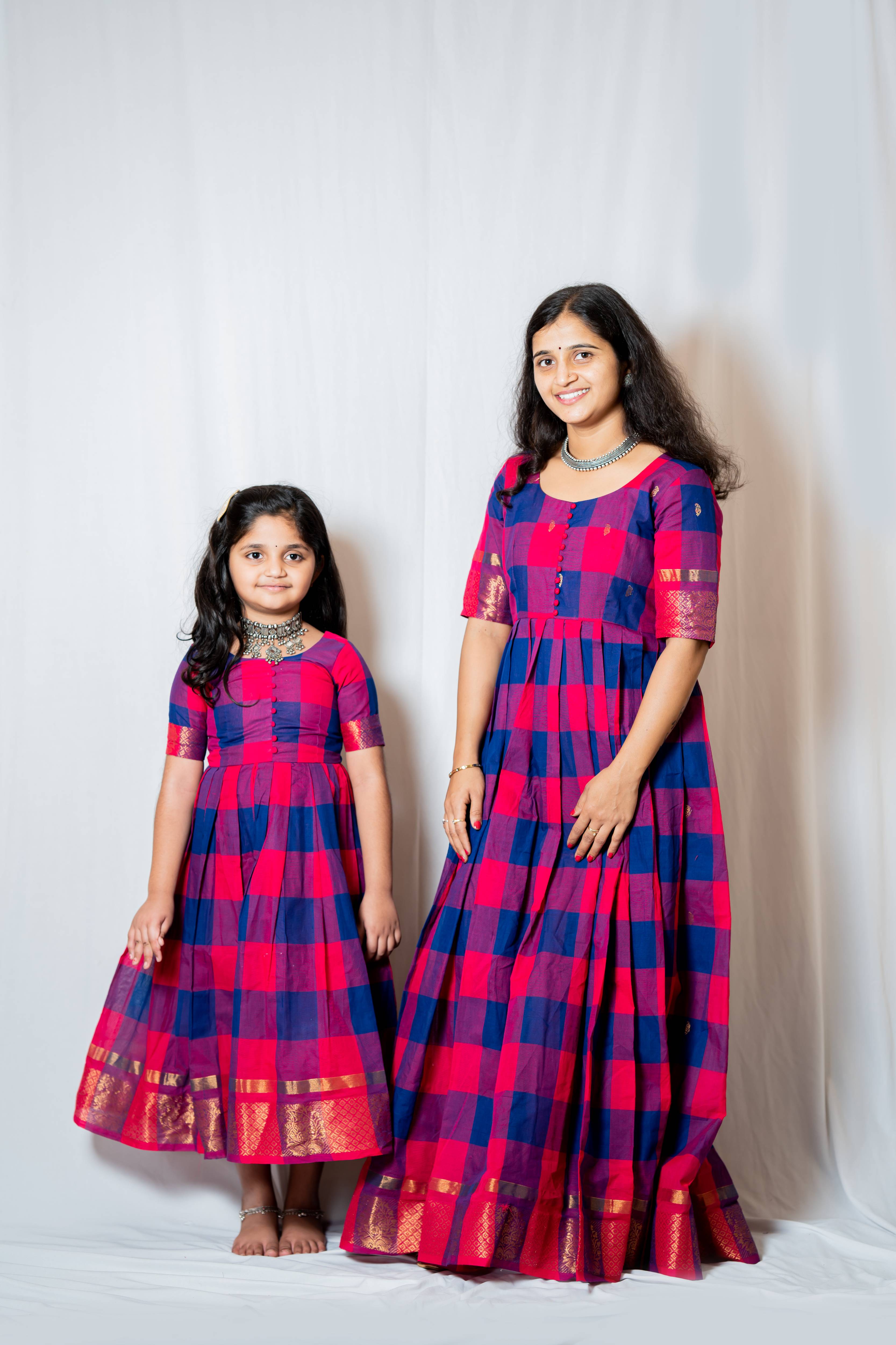 Kattam - Anarkali dress in chettinad cotton in Pink and blue checks