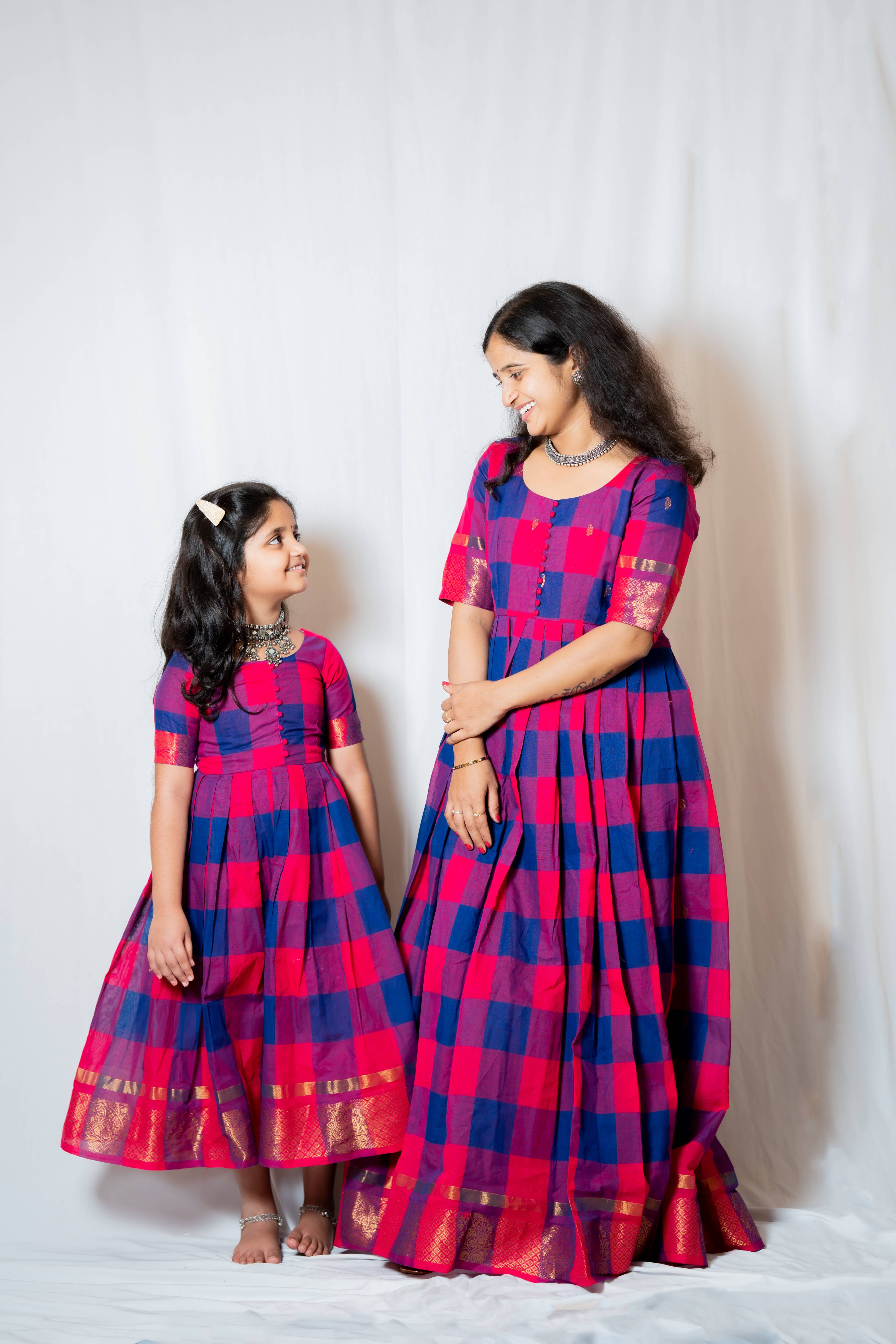 Kattam - Anarkali dress in chettinad cotton in Pink and blue checks