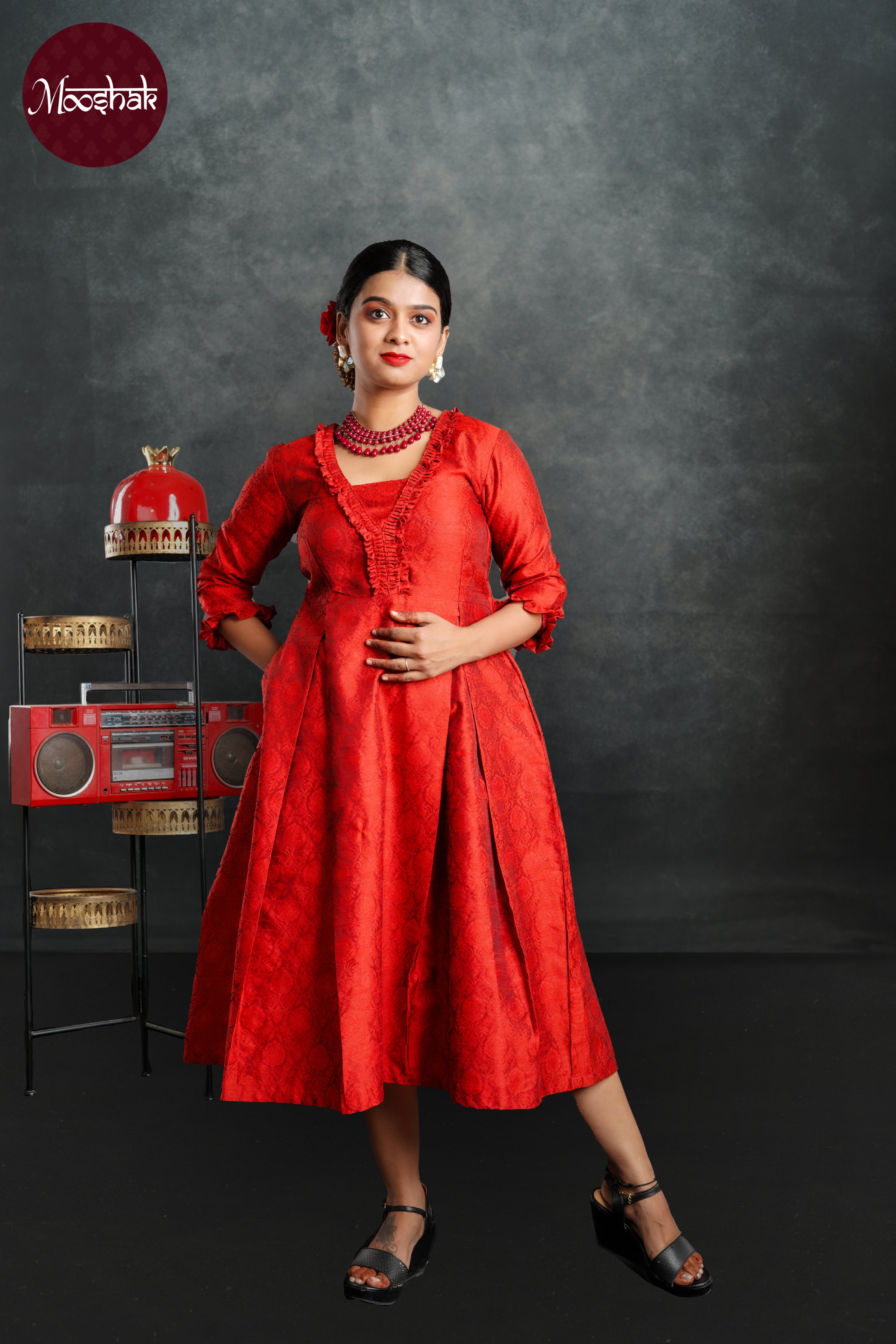 Kinkini - Dresses in Red brocade with self motif