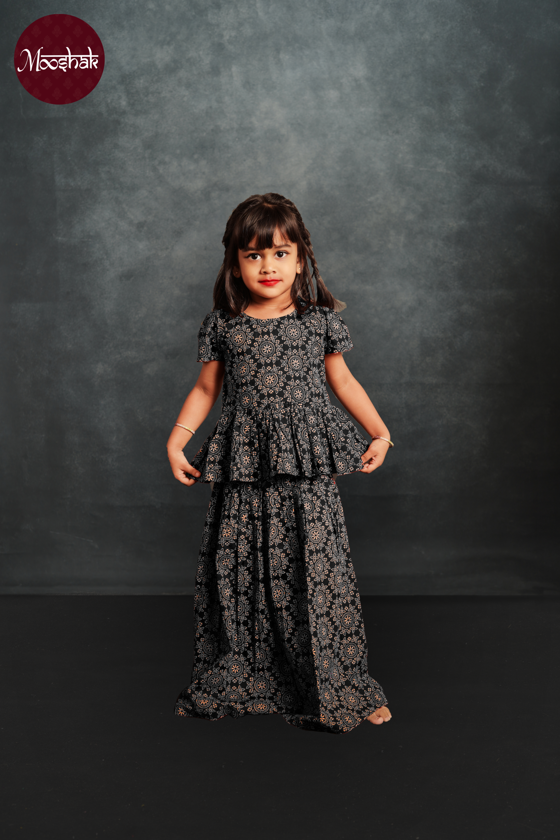 Laadli - Skirt and Top in Black Circle Ajrakh