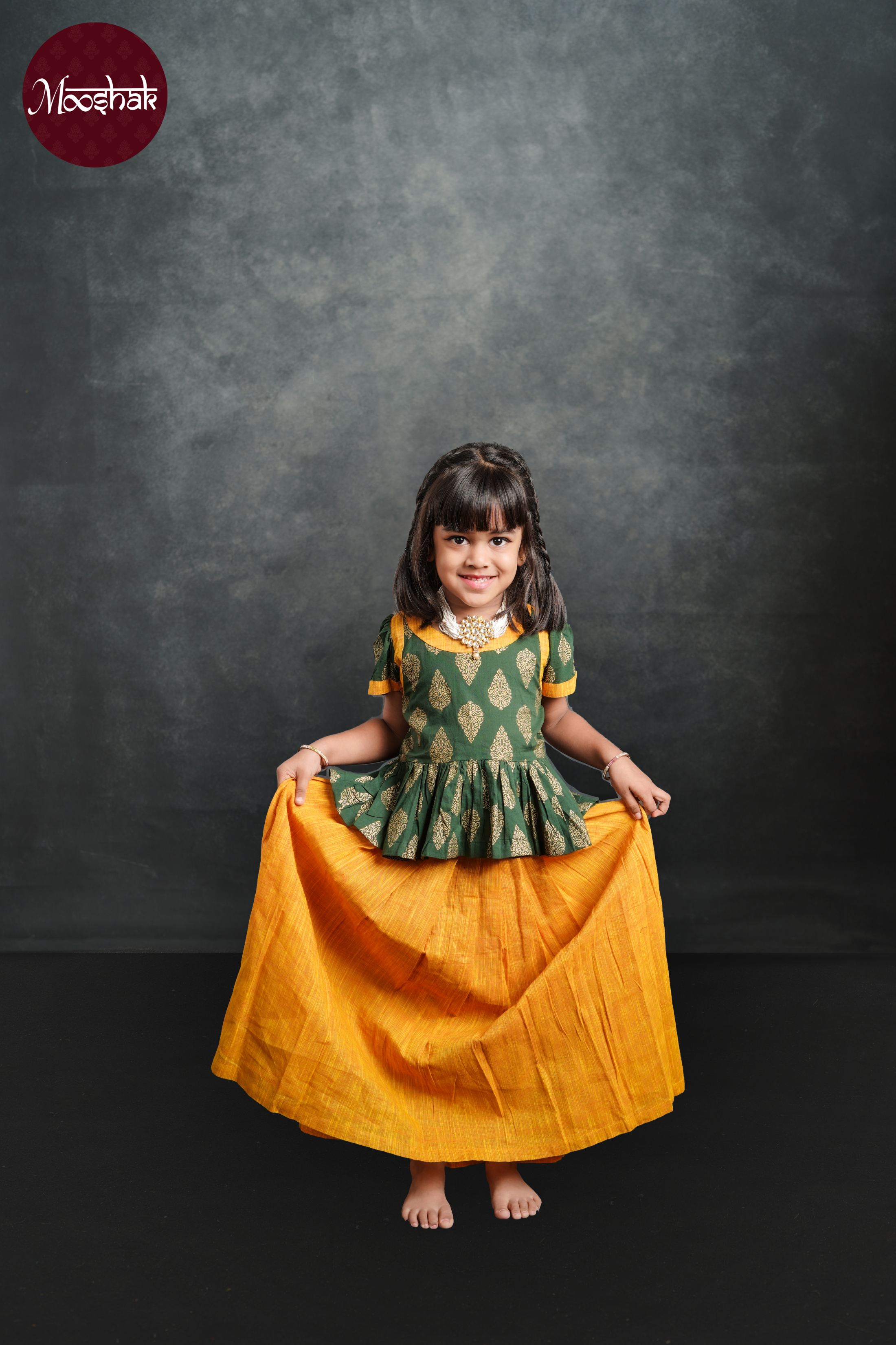 Laadli - Skirt and Top in Green with gold foil motif and Mustard