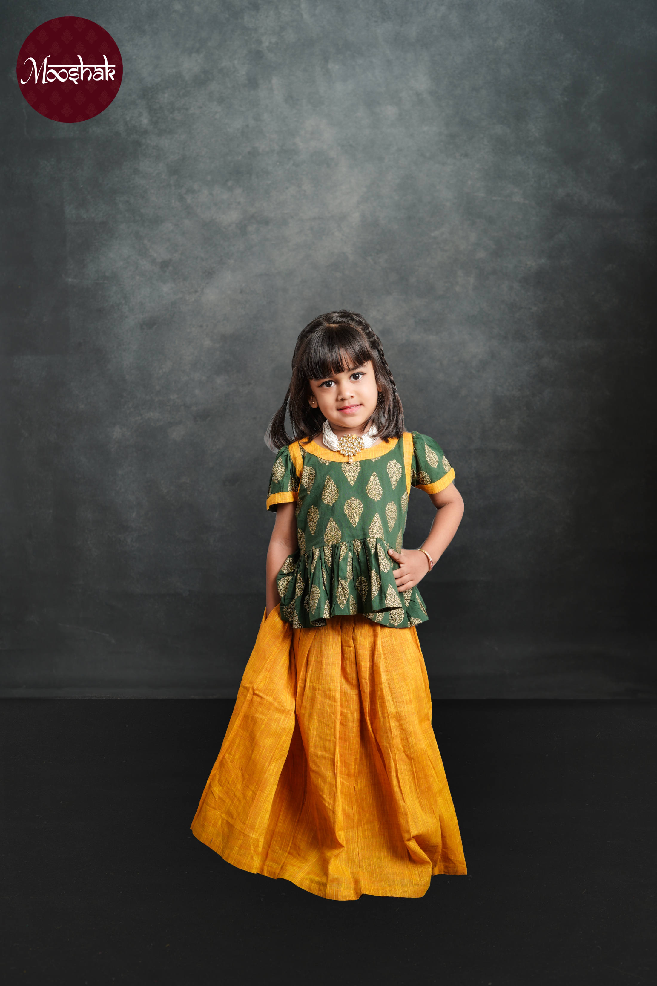 Laadli - Skirt and Top in Green with gold foil motif and Mustard