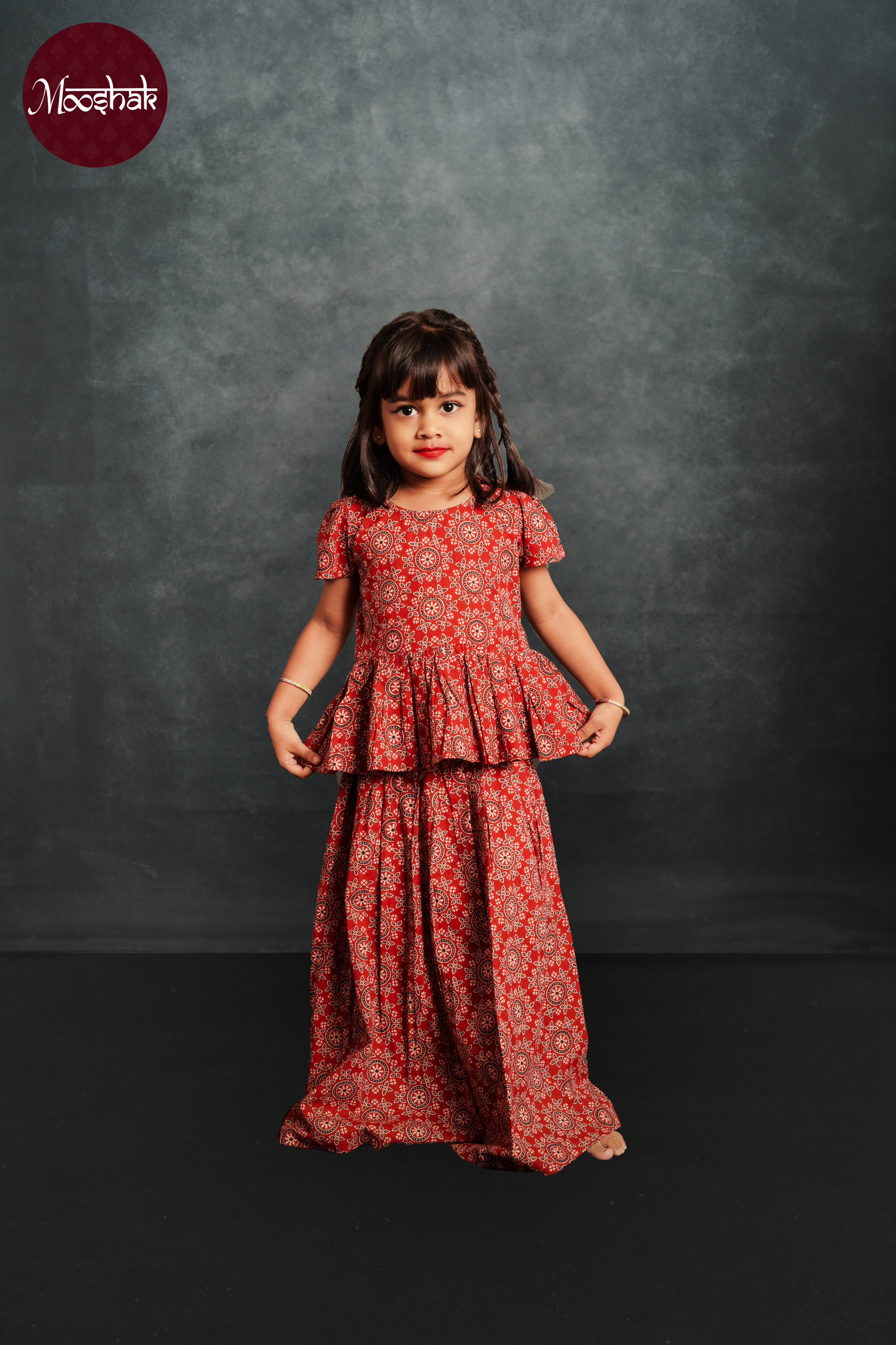 Laadli - Skirt and Top in Red Circle Ajrakh